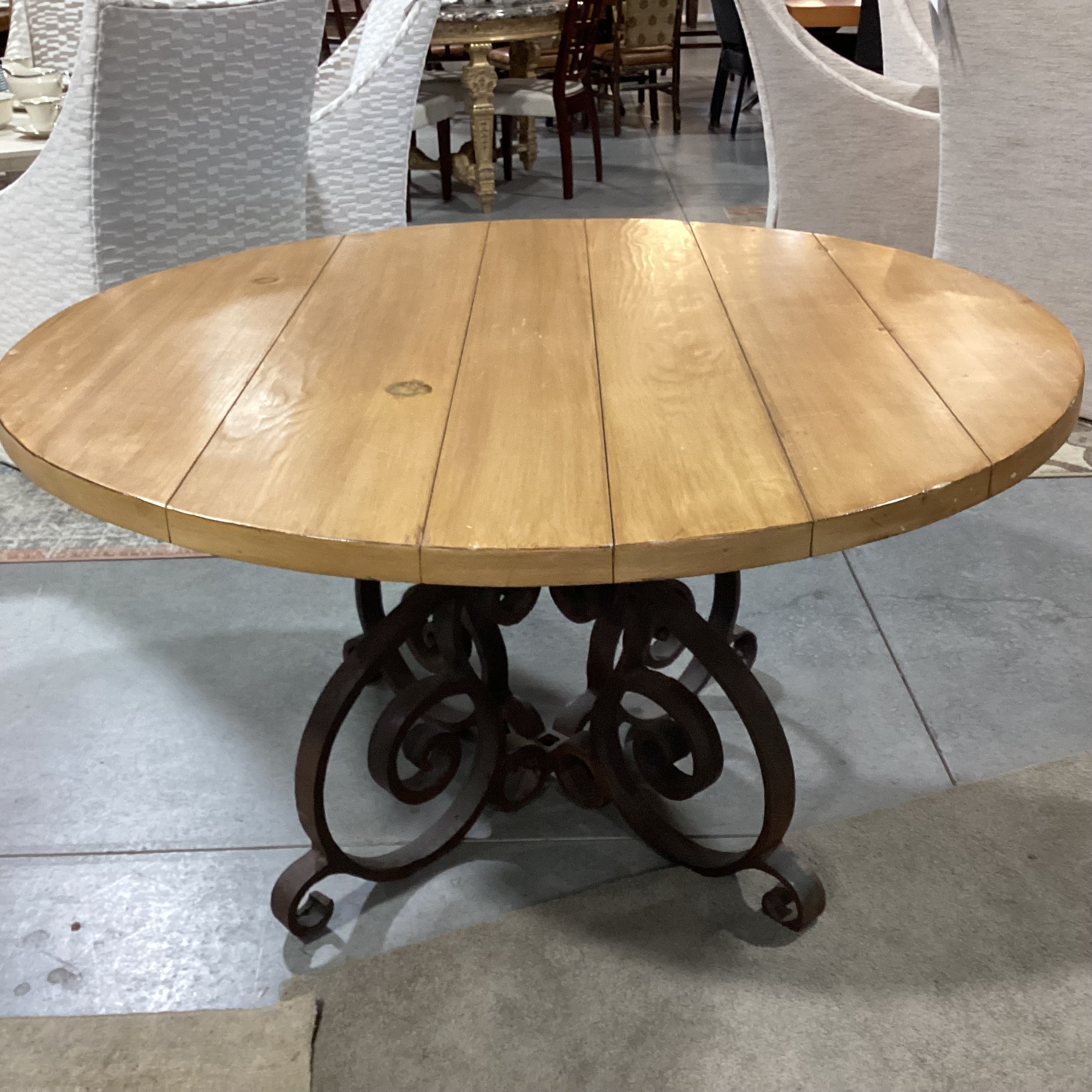 Round Pine Plank & Heavy Ornate Iron Dining Table 54" Diameter x 29.5"