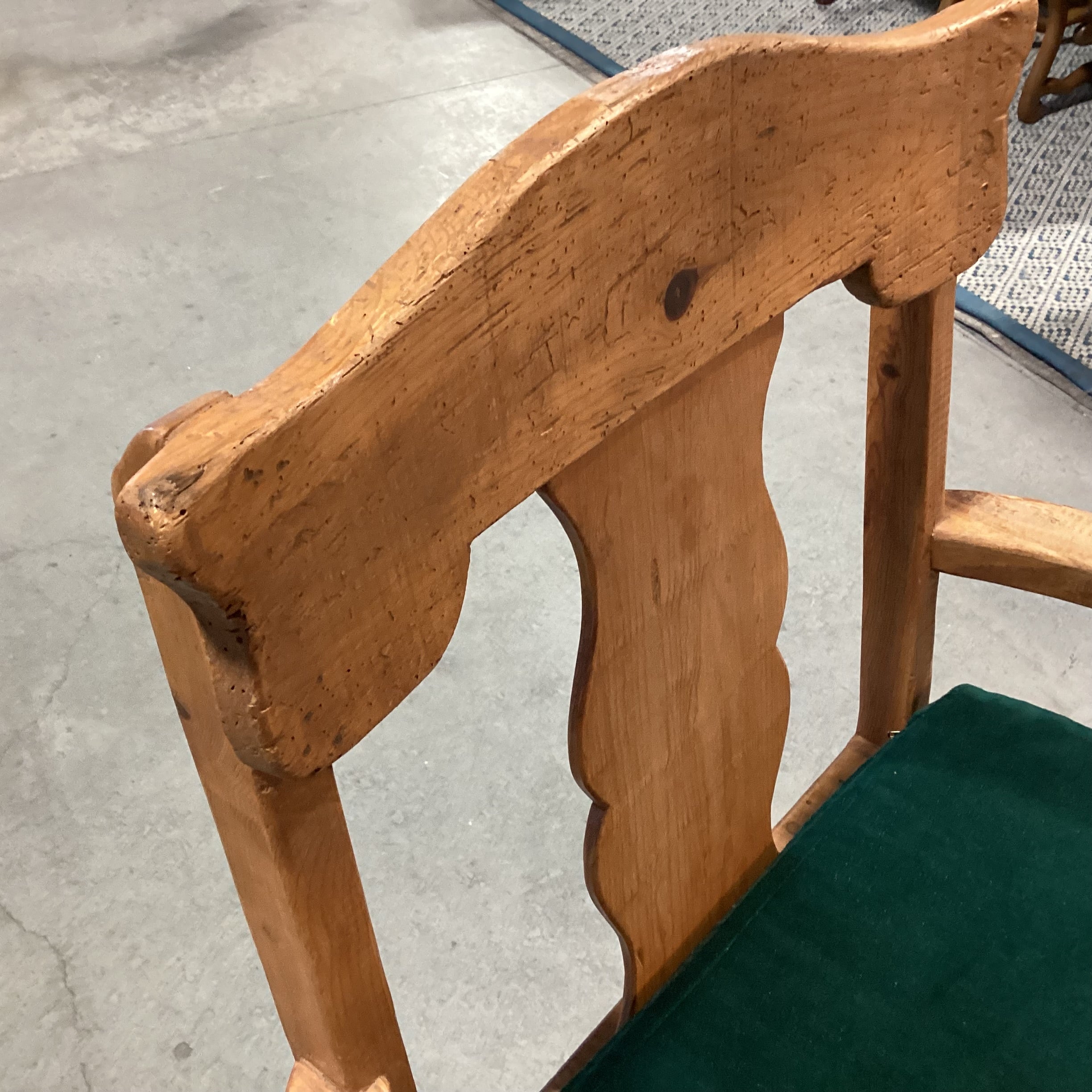 Vintage Natural Carved Wood with Green Cushion Chair 30"x 27"x 41"