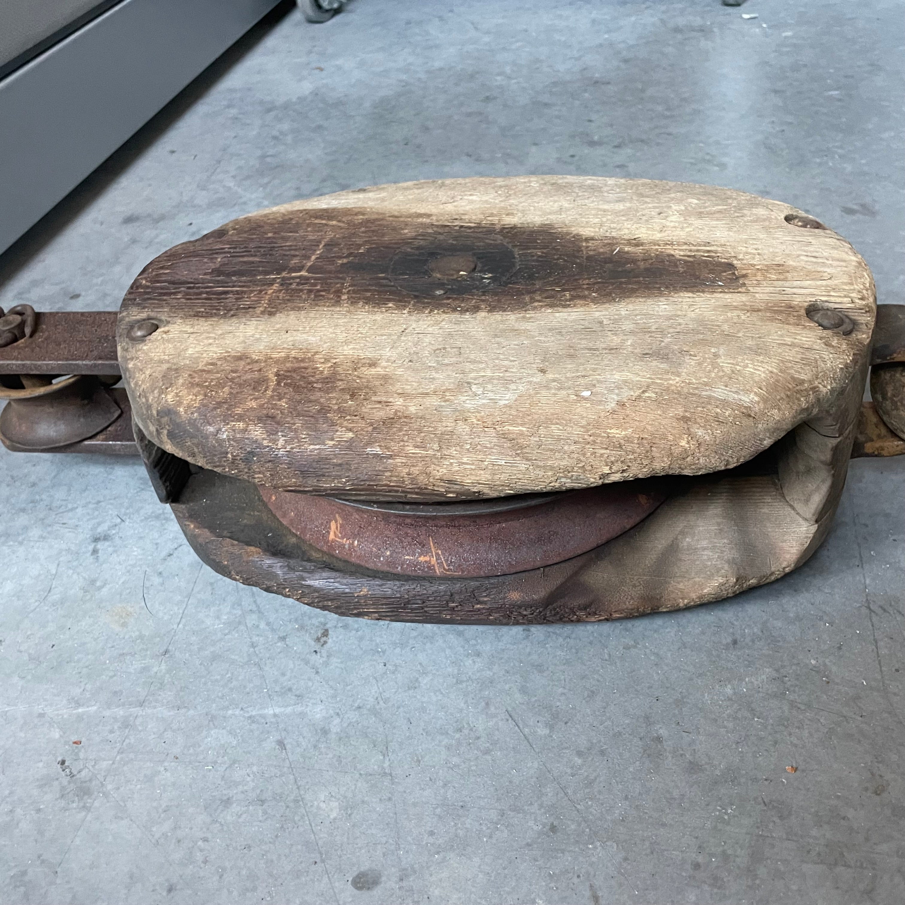 Antique Rustic Wood & Cast Iron Block Tackle Pulley, 9"x 6.5"x 23"