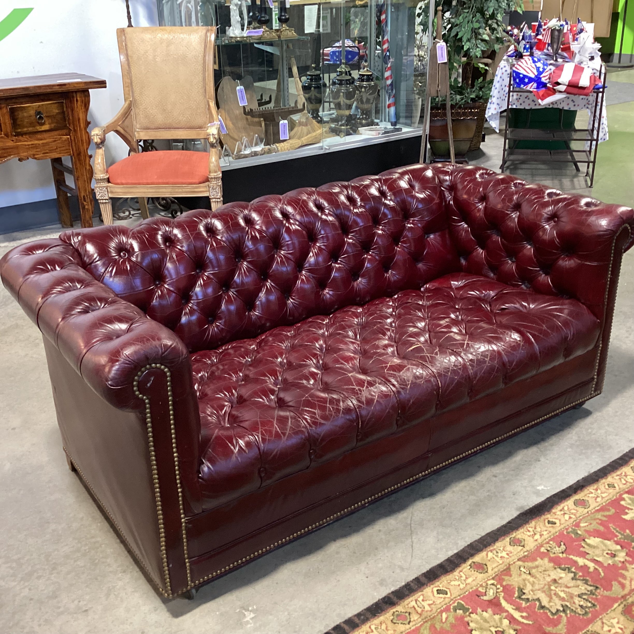 Vintage Burgundy Tufted Leather Nail Head on Casters Chesterfield Loveseat Sofa 69"x 36"x 28"