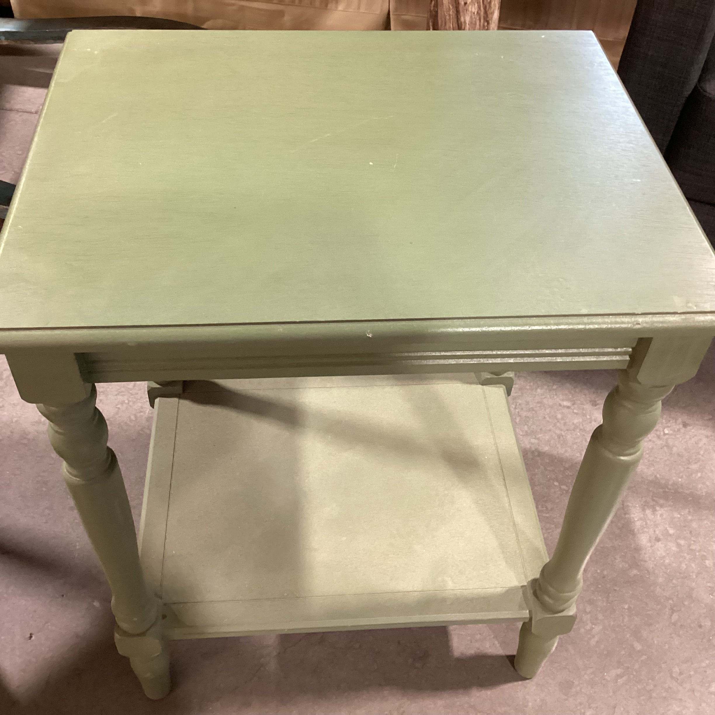 Green Painted Carved Wood 2 Tiered End Table  20"x 16"x 24.5"