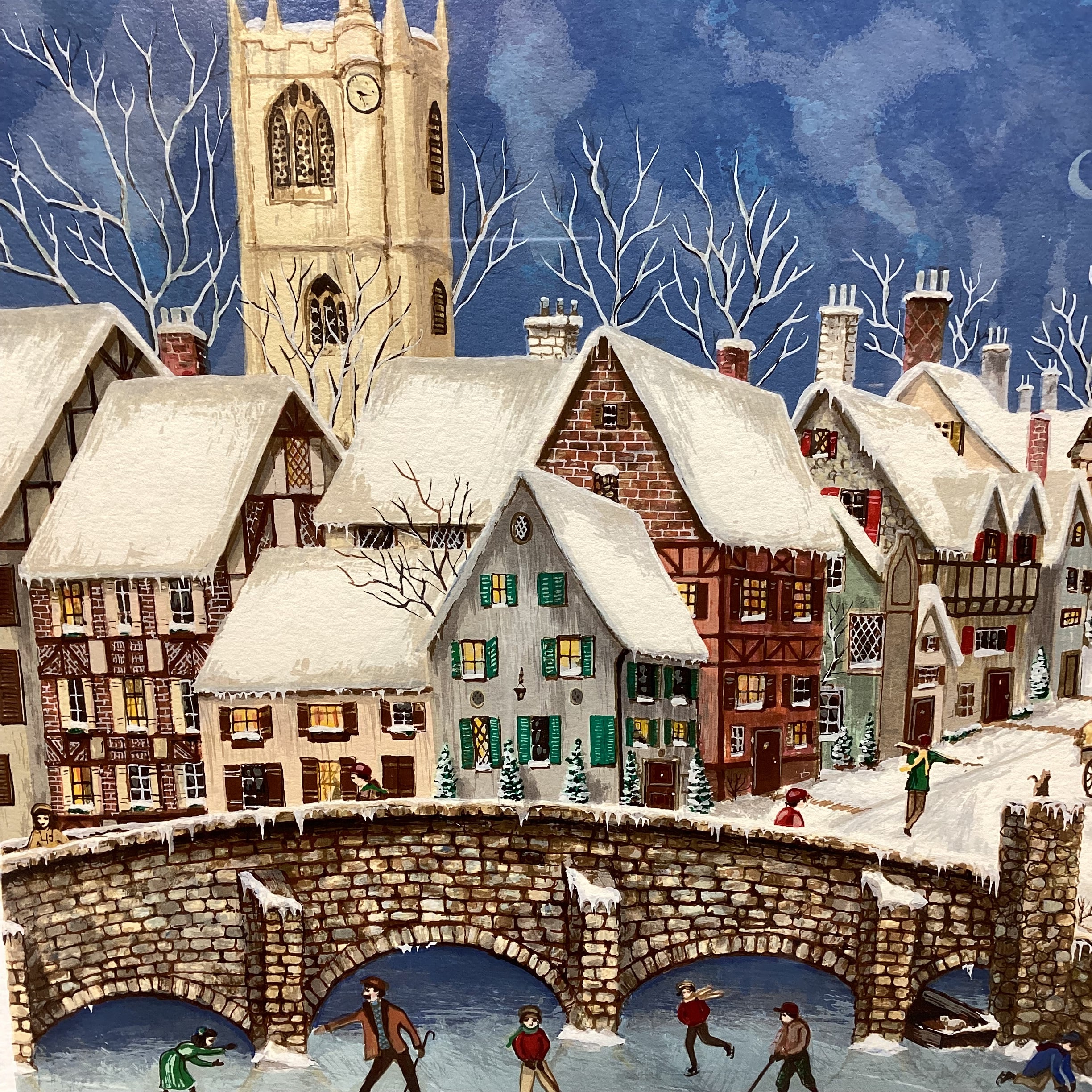 Vintage Catherine Eaton Signed Limited Edition "Winter Village Scene" Framed Serigraph Print 35" x 30"