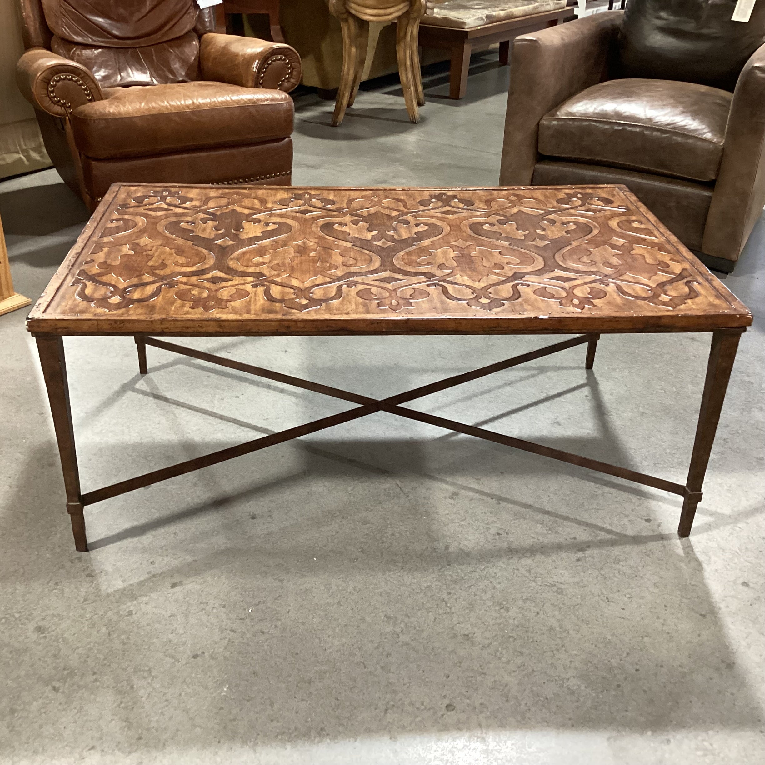 Ornate Hand Carved 2 Tone Distressed Wood & Iron X Stretcher Base Coffee Table 50"x 31"x 20"