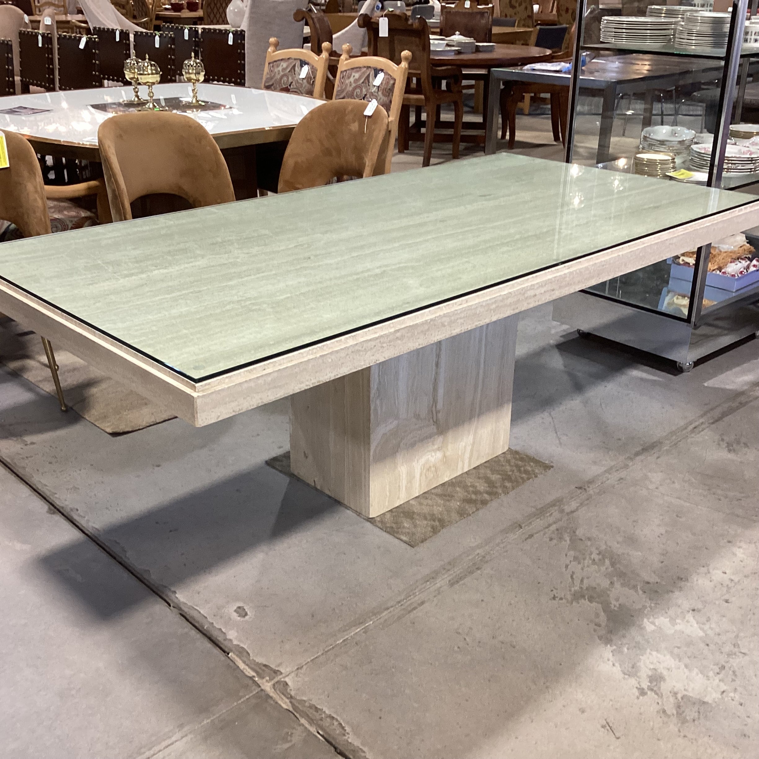 Italian Travertine with Glass Top Dining Table 79"x 39.5"x 30"