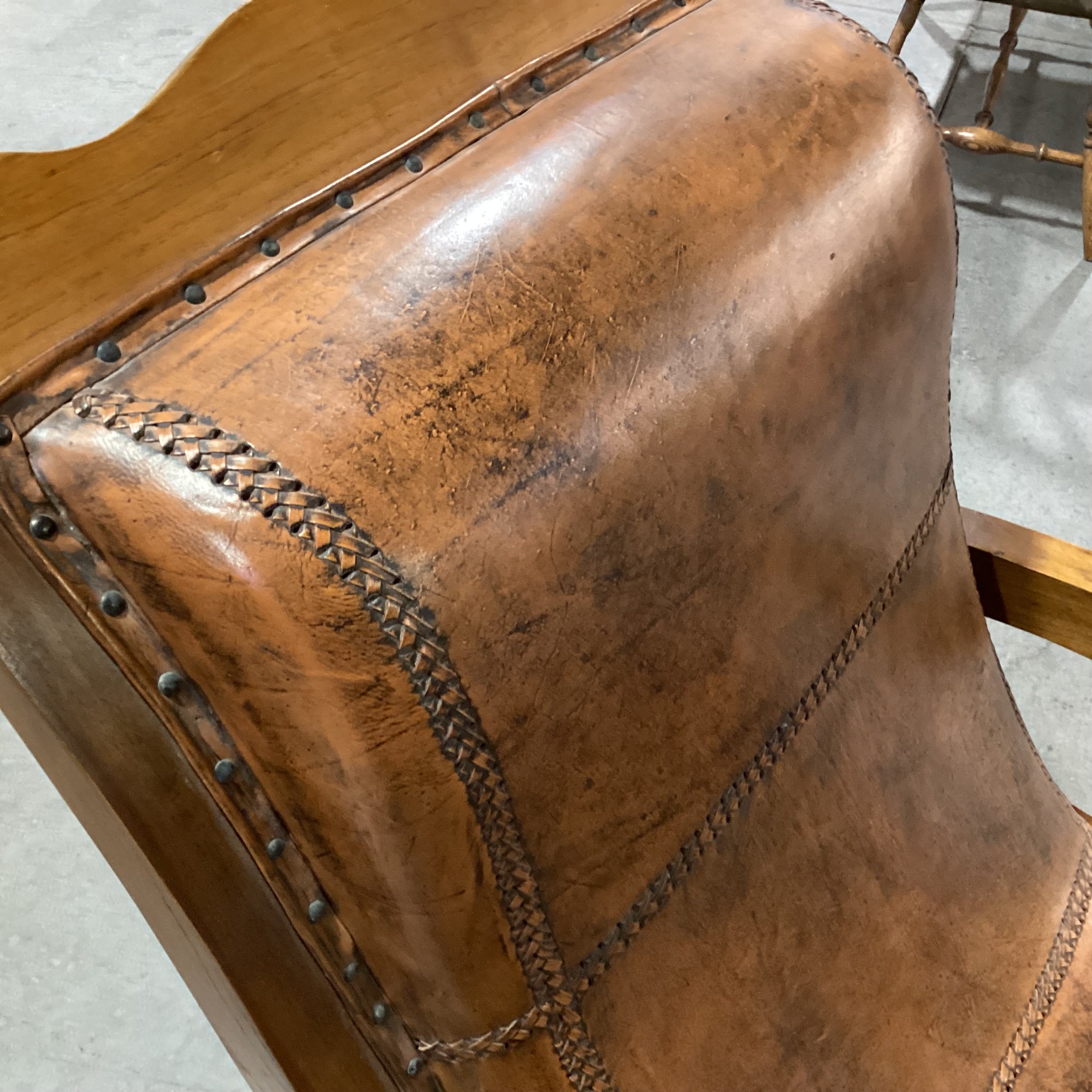Carved Wood With Distressed Leather Nailhead Plantation Style Lounge Chair 29"x 34"x 39"