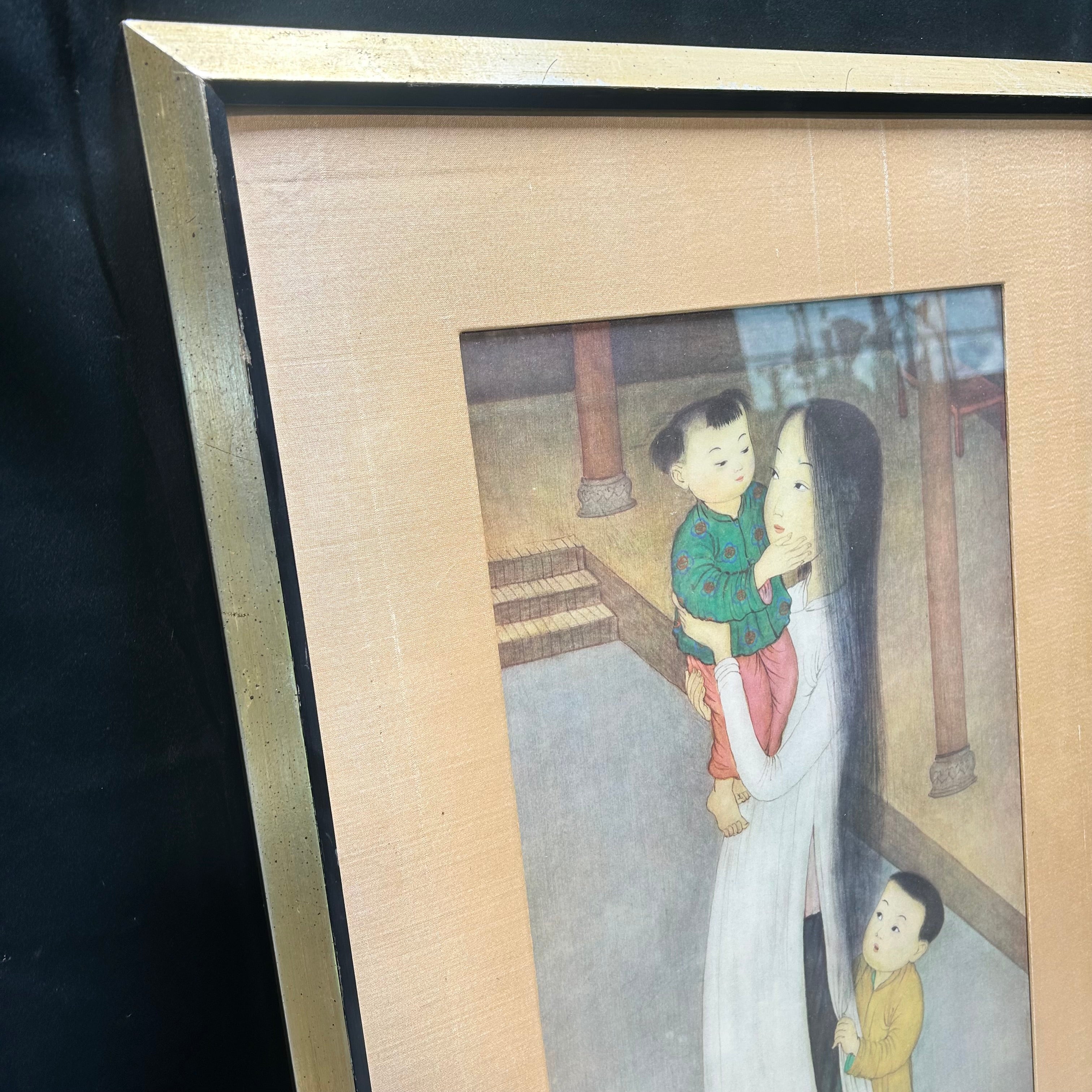 MAI THU (Vietnamese 1906-1980) "Mother & Child" Signed With Artist Chop Mark Engraving In Color 19"x31"