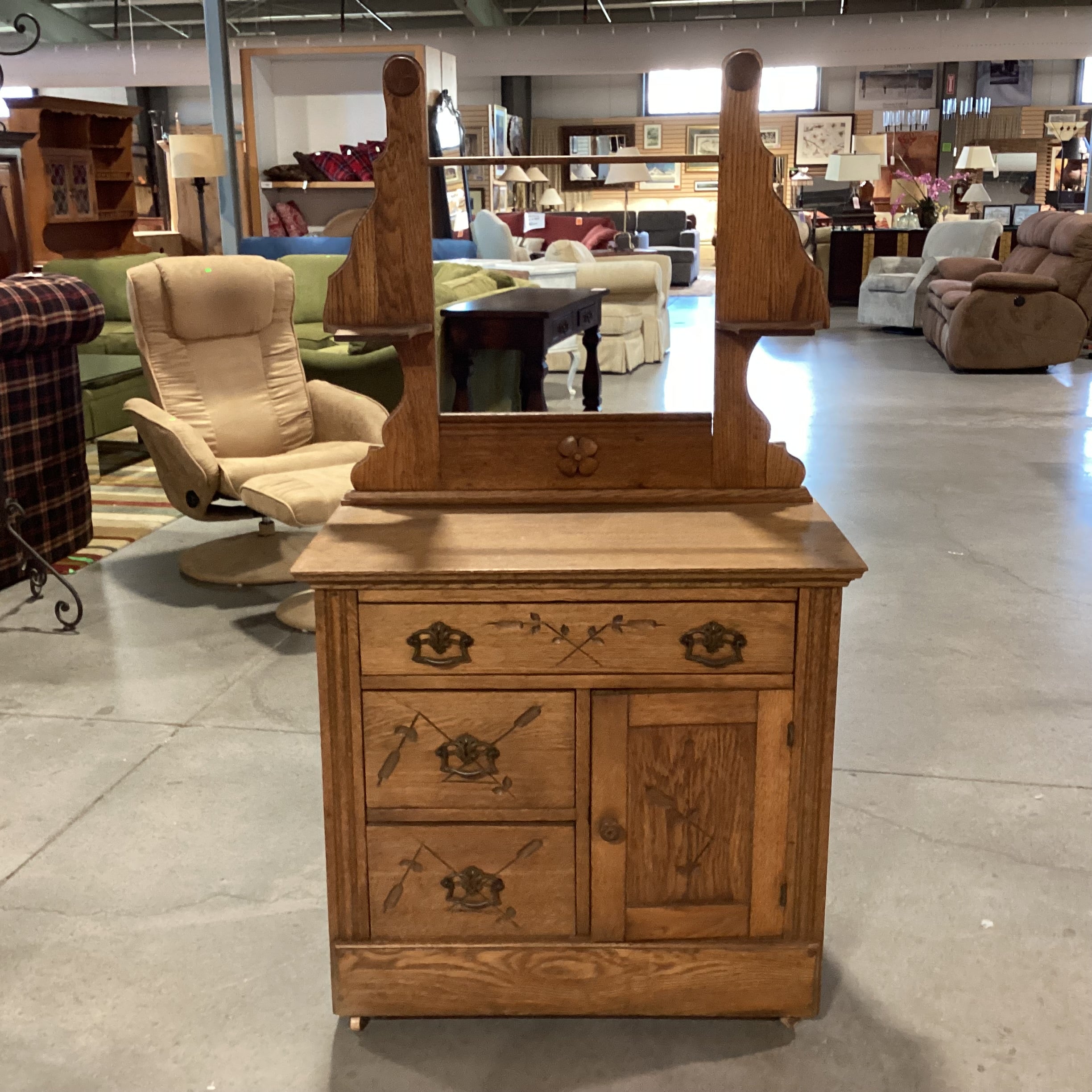 Antique Carved Oak 3 Drawer 1 Door with Towel Rack on Casters Dry Sink Chest 32"x 17"x 56.5"