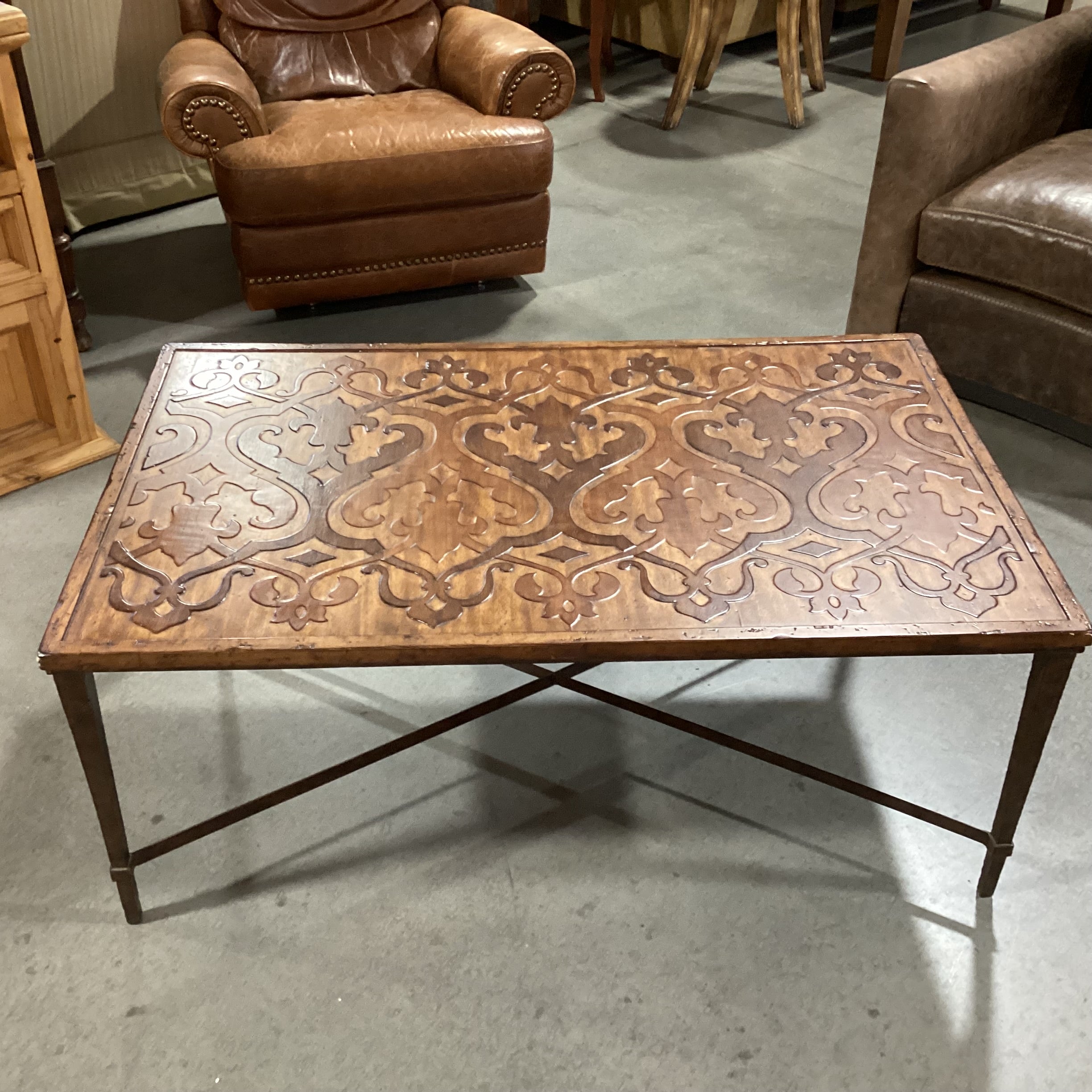 Ornate Hand Carved 2 Tone Distressed Wood & Iron X Stretcher Base Coffee Table 50"x 31"x 20"