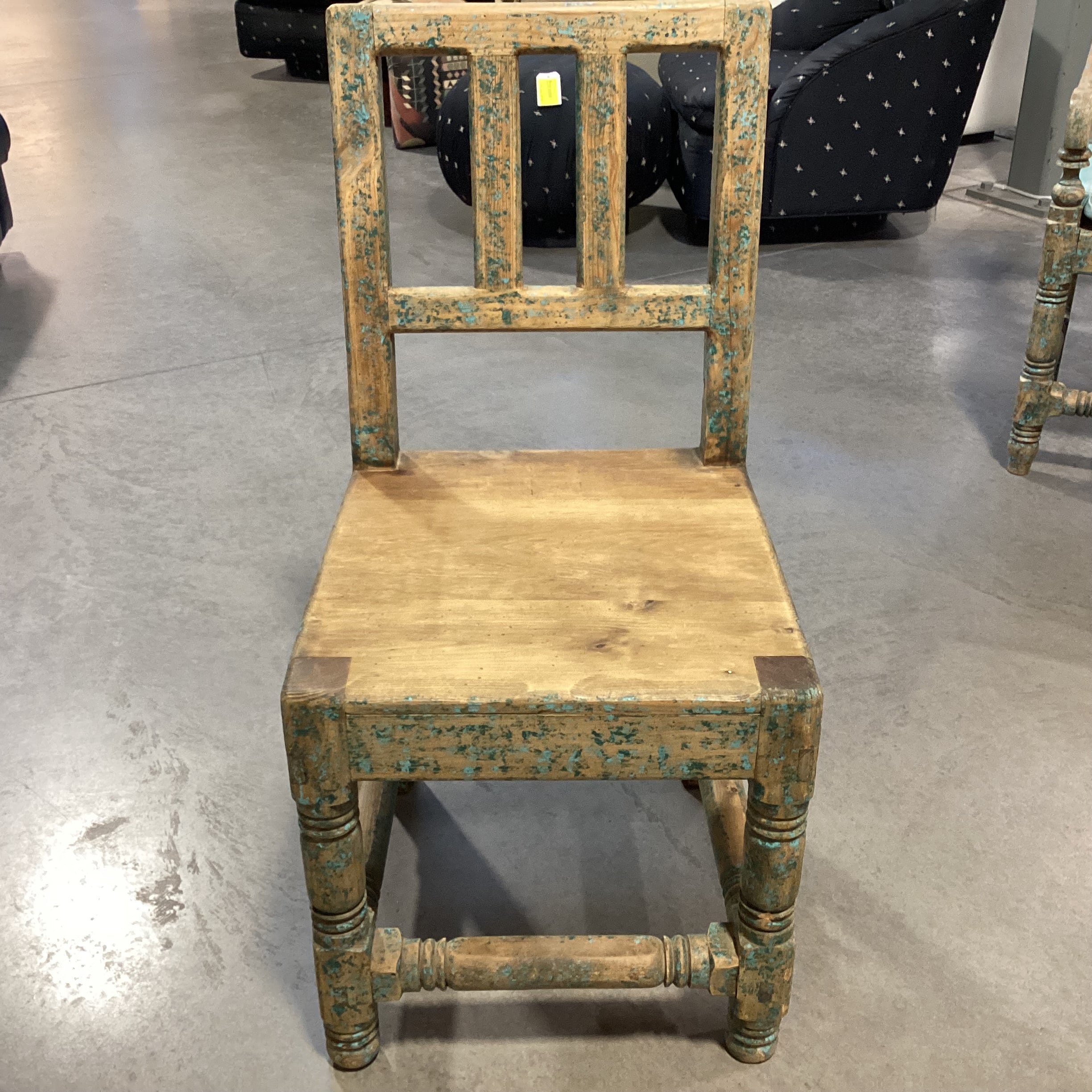 Santa Fe Style Carved Wood with Teal Distressing Chair 18"x 21"x 37"