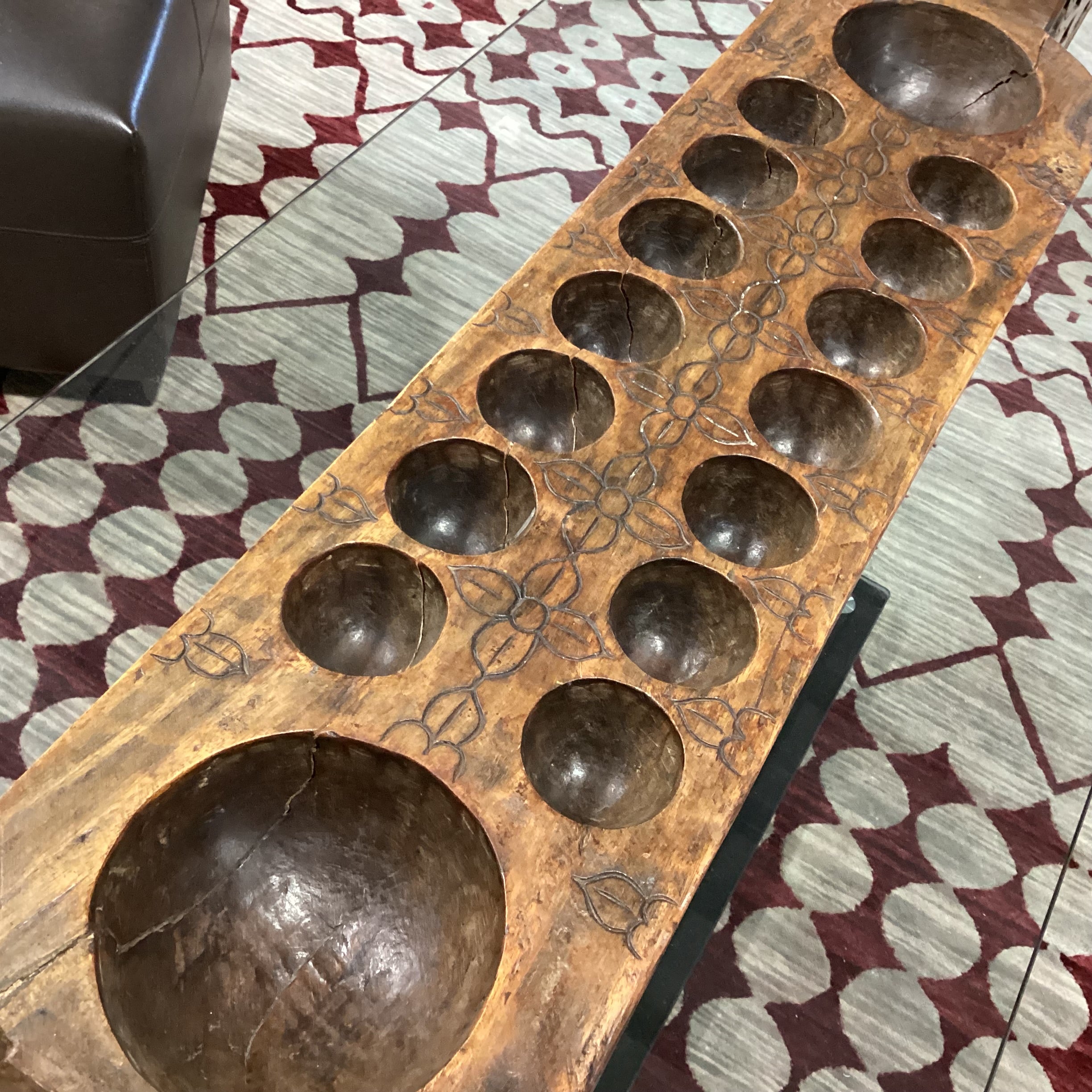 Antique Hand Carved Wood Mancala Board Game 55.5"x 9.5"x 9.5"