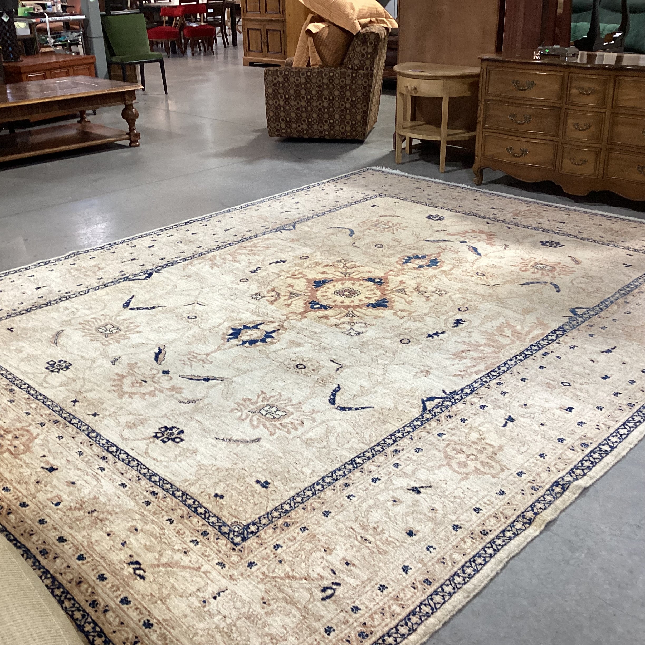 Cream Tan Blue Hand Woven Wool Rug 10' x 12" 9"