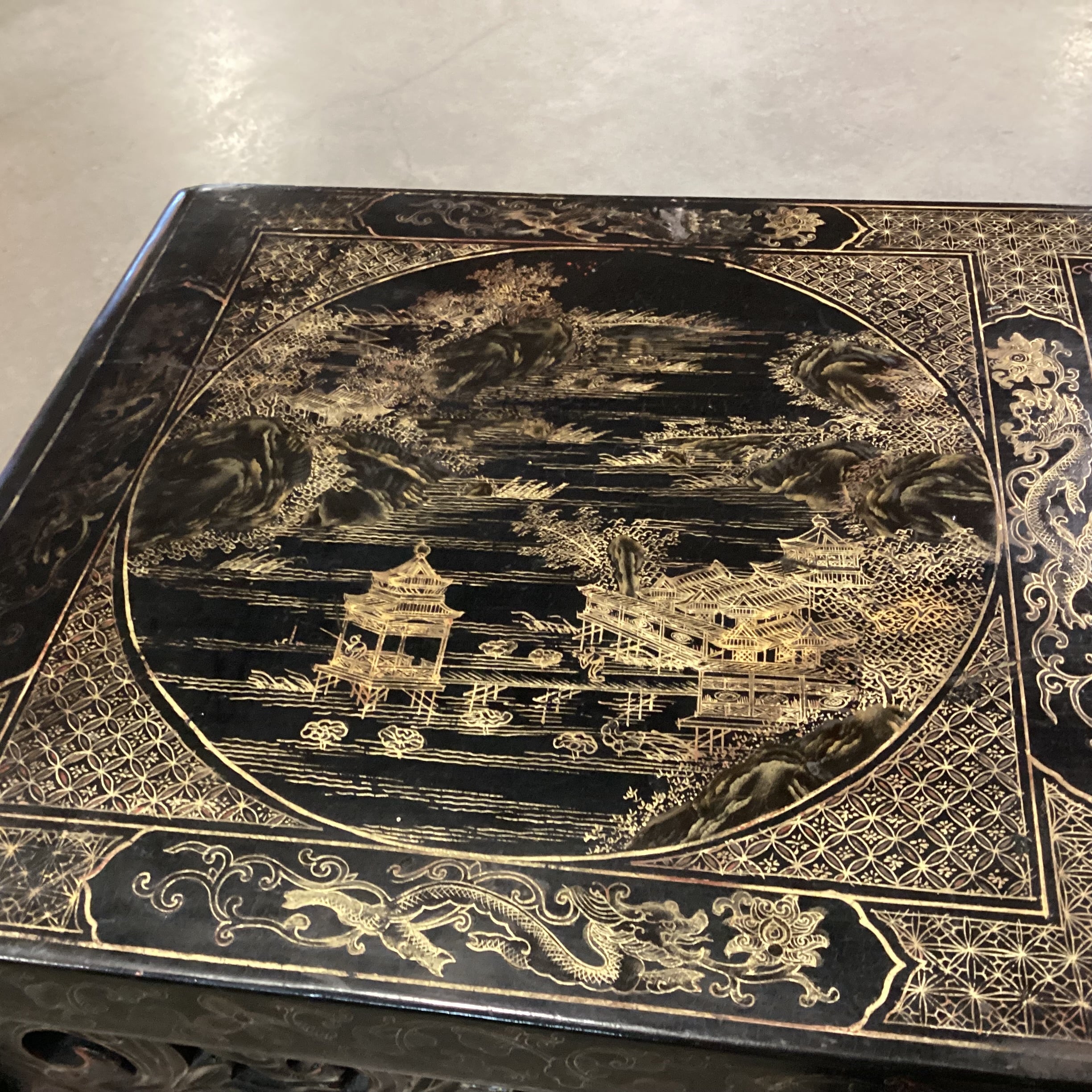 Vintage Chinoiserie Black Lacquer & Gold Hand Painted Console Sofa Table 61"x 16"x 34"