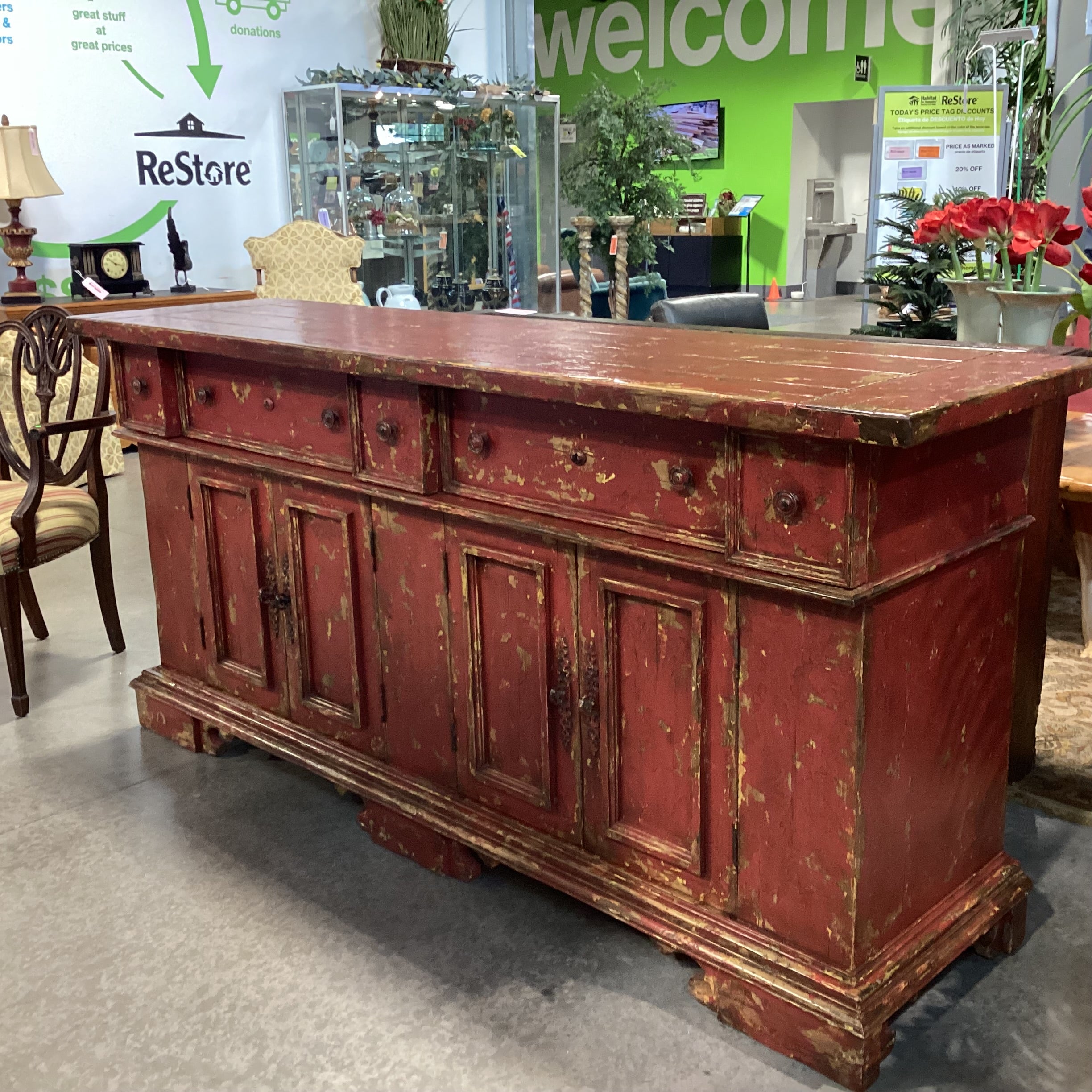 Red & Gold Textured Antiqued Finish Solid Wood 5 Drawer 4 Door Credenza 83"x 22"x 39"