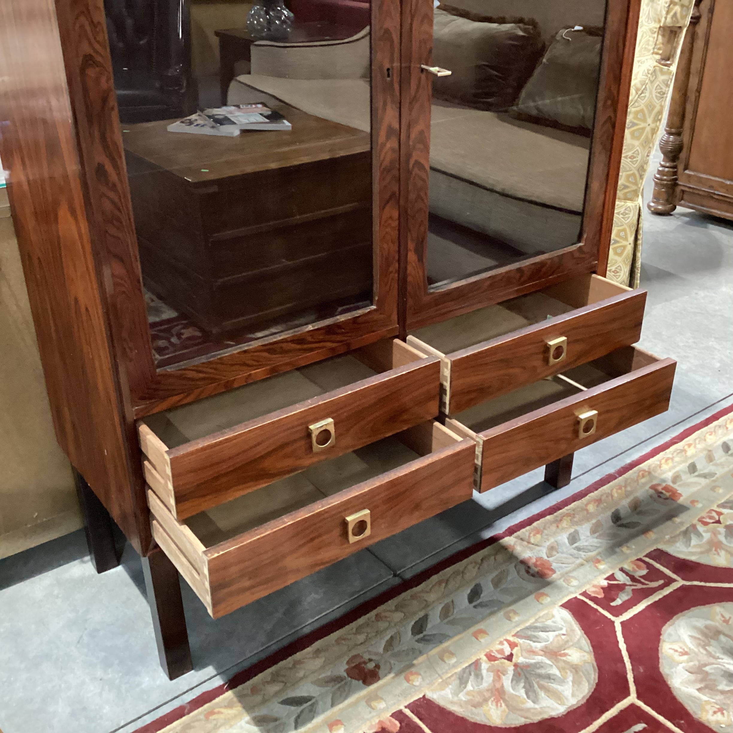 Vintage Danish Mid Century Rosewood & Glass 2 Door with Shelves 4 Drawer Display Cabinet Armoire 39.5"x 16"x 55"