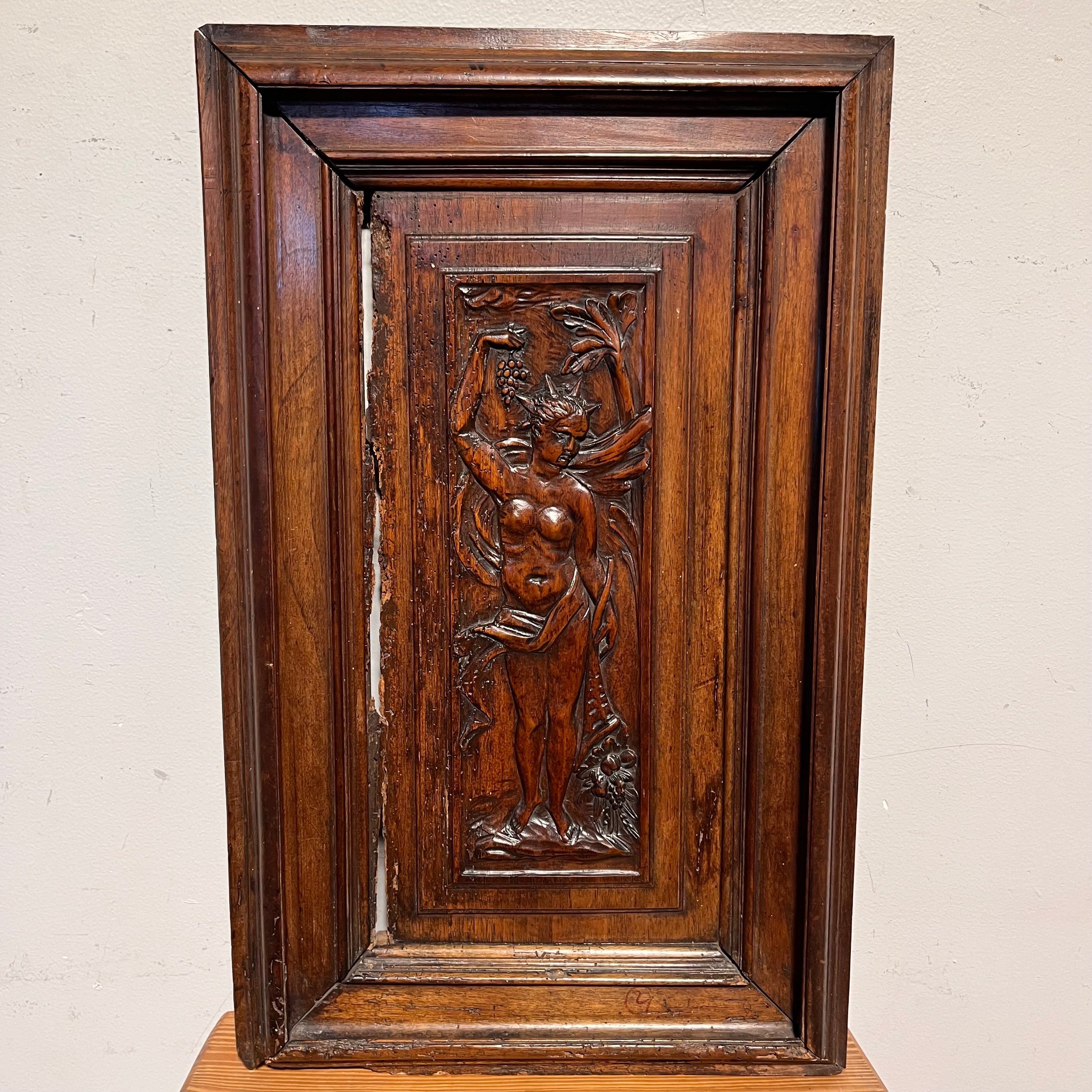 Antique 18th Century Renaissance Carved Wood Panel of Woman with Grapes Wall Decor; 15.5"x 25"x 2"