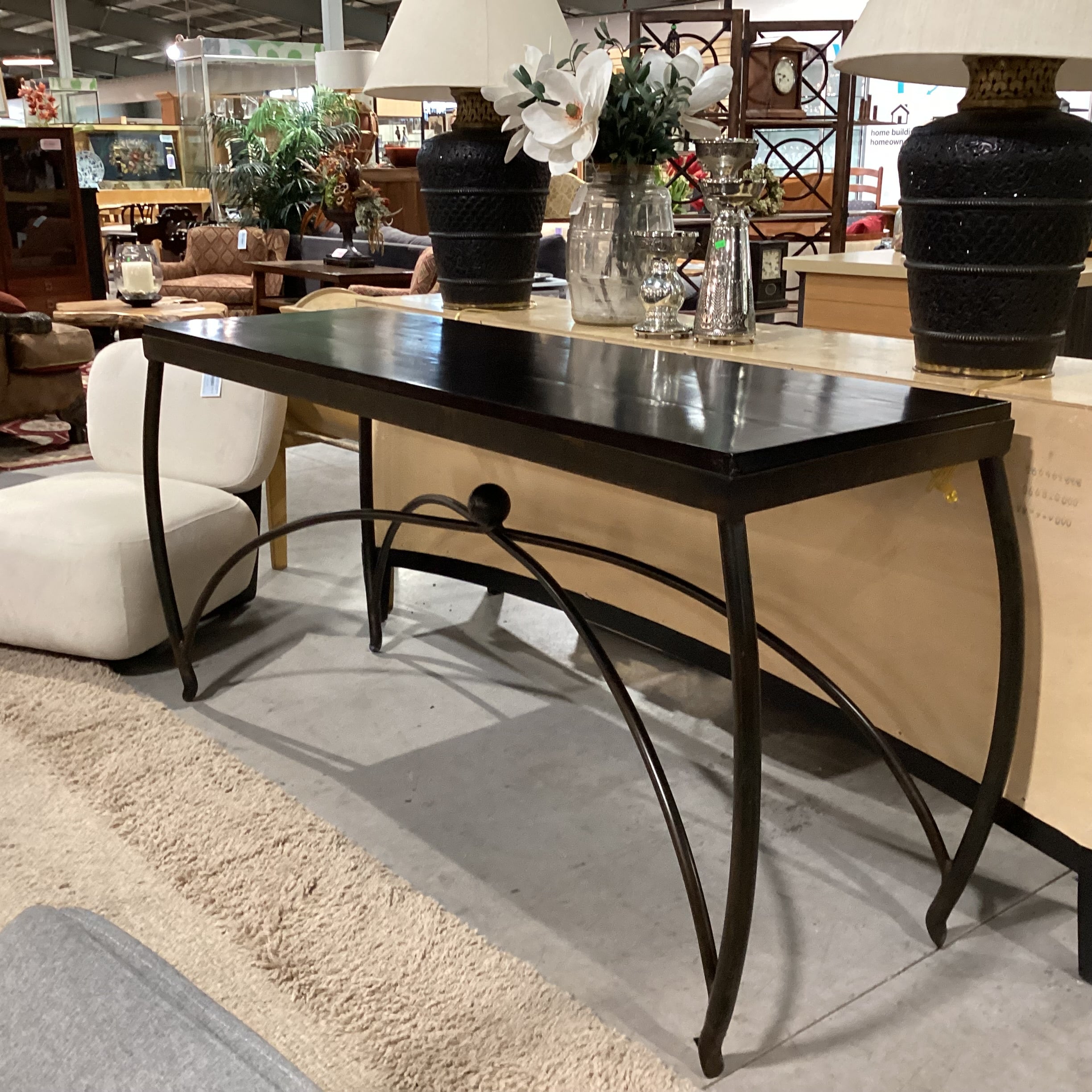 Dark Finished Wood & Iron Stretchers Trestle Accent Table 73"x 23"x 34.5"