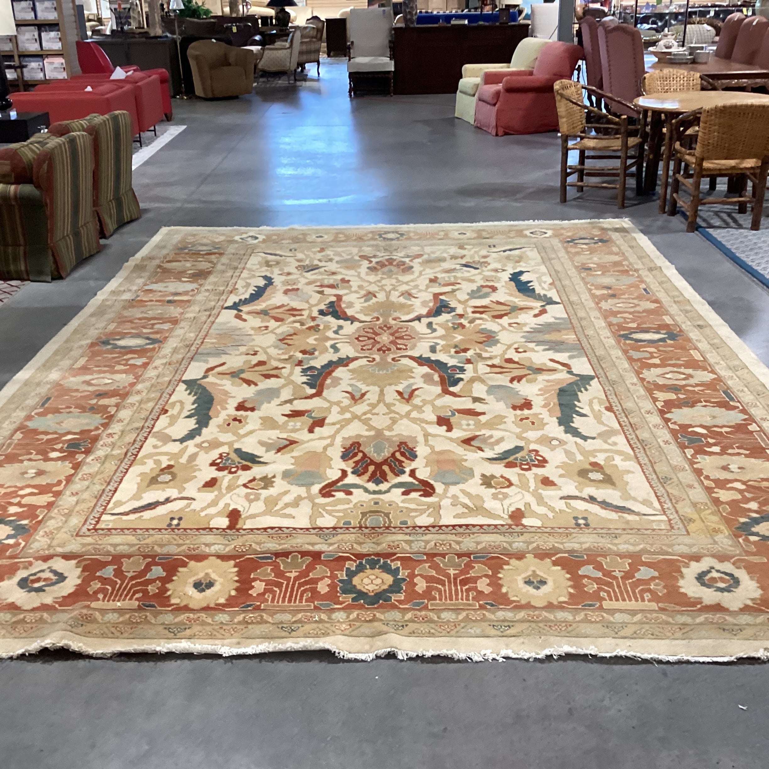 Gold Burnt Orange & Teal Hand Woven Wool Rug 11'x 15'2"