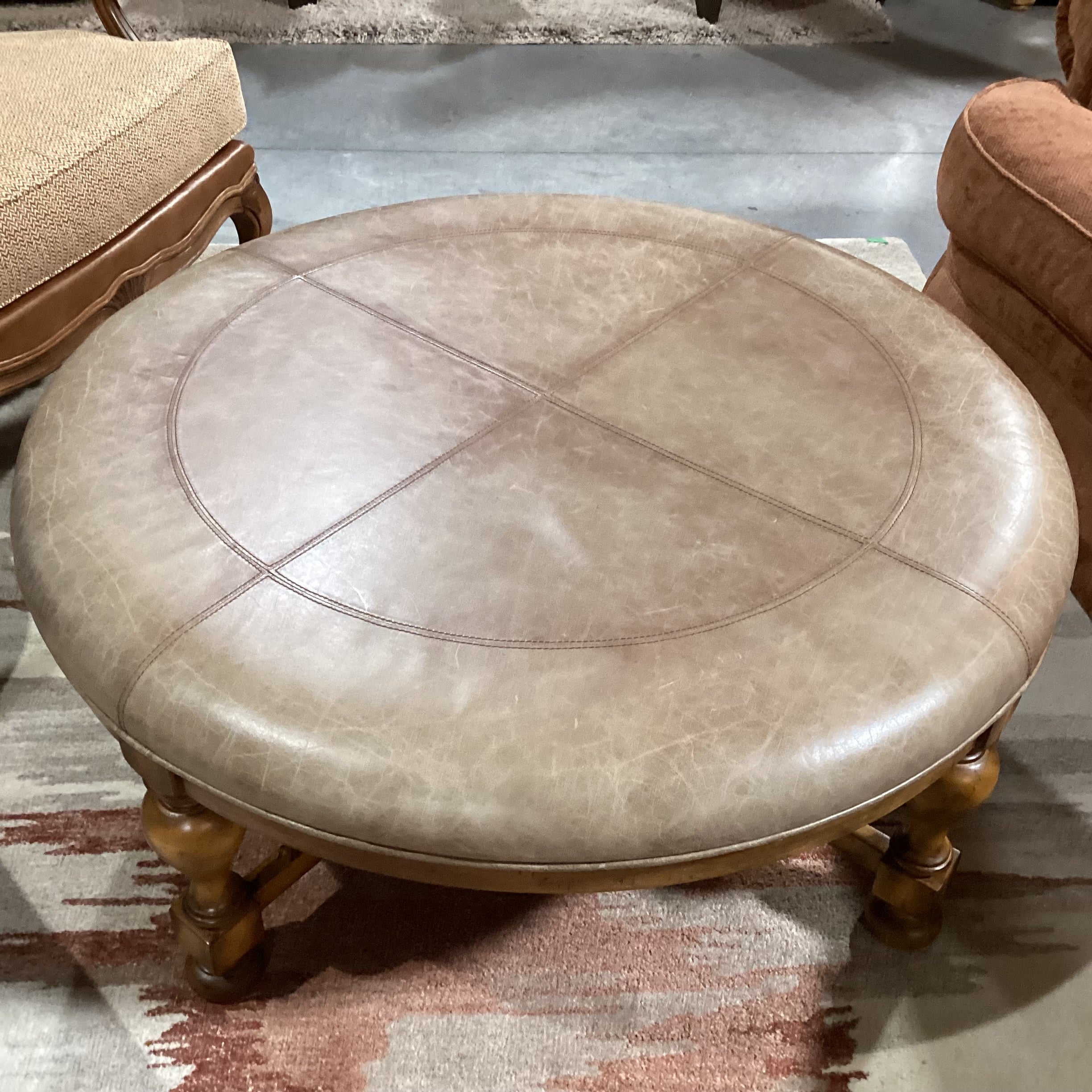 Carved Wood & Distressed Leather Round Ottoman 45" Diameter x 19.5"