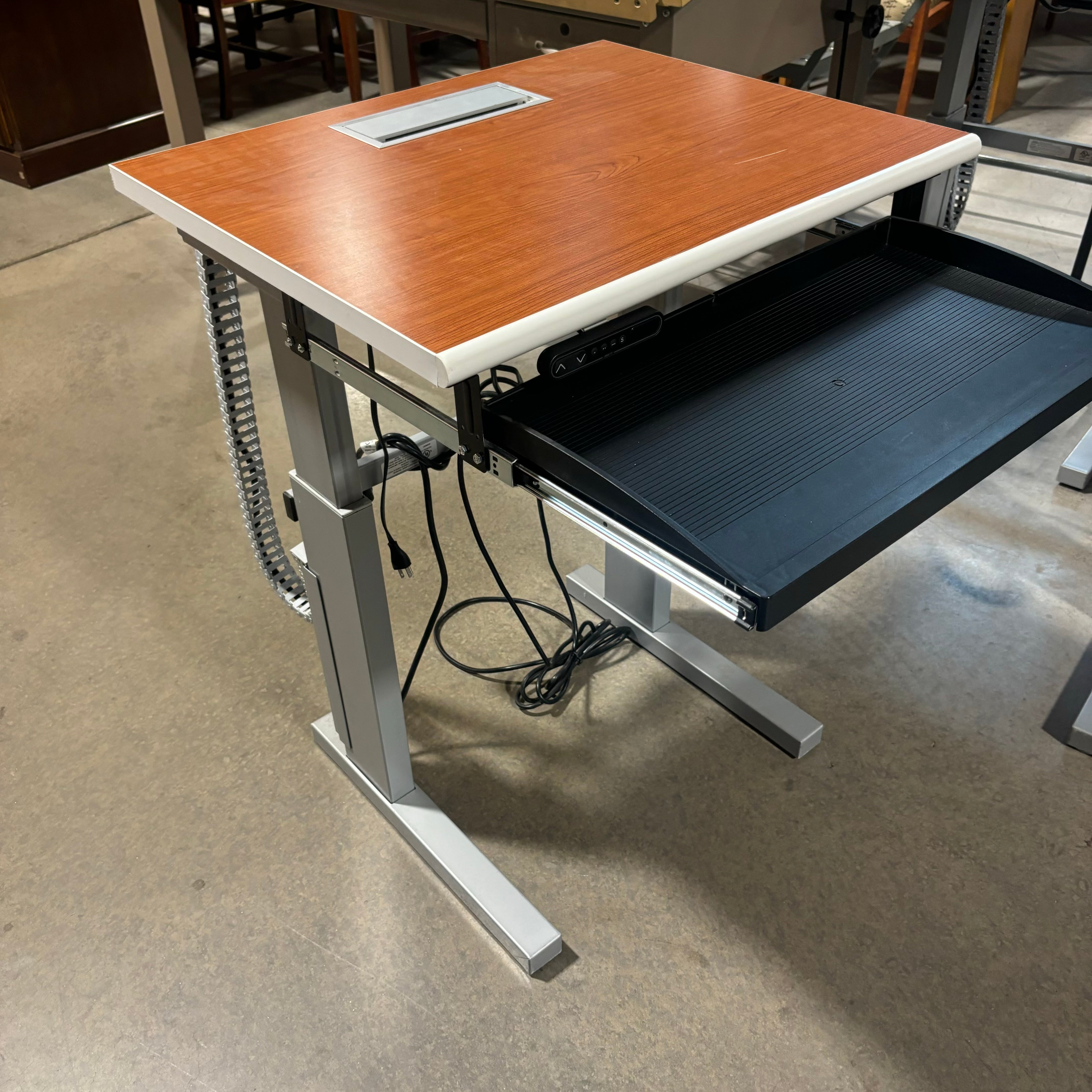 LINAK Dark Wood Veneer with Steel Base & Pullout Tray Adjustable Sit to Stand Desk 28"x 24"x 27" to 43"