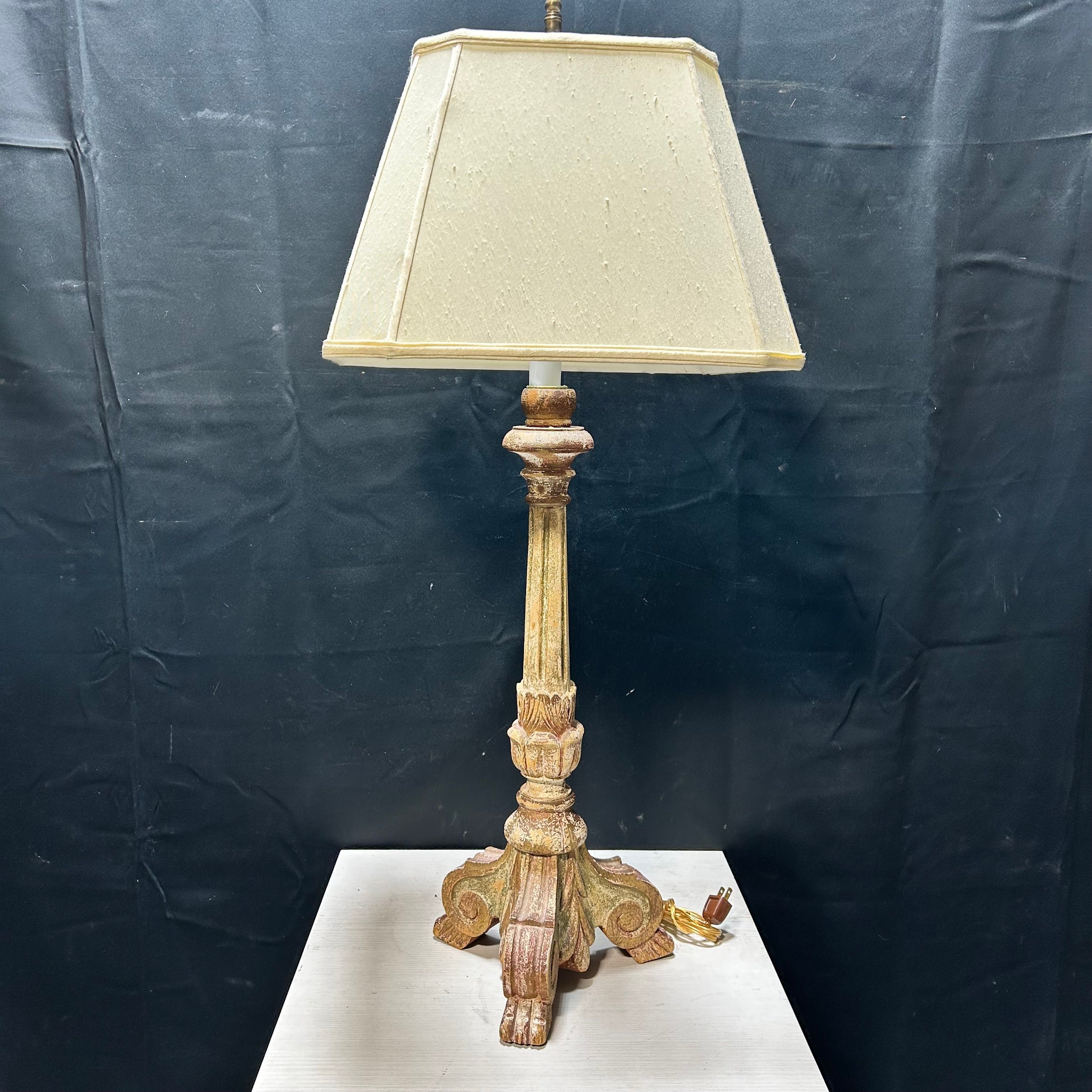Vintage Carved Wood Candlestick 2 Chain Table Lamp 16"x 38"
