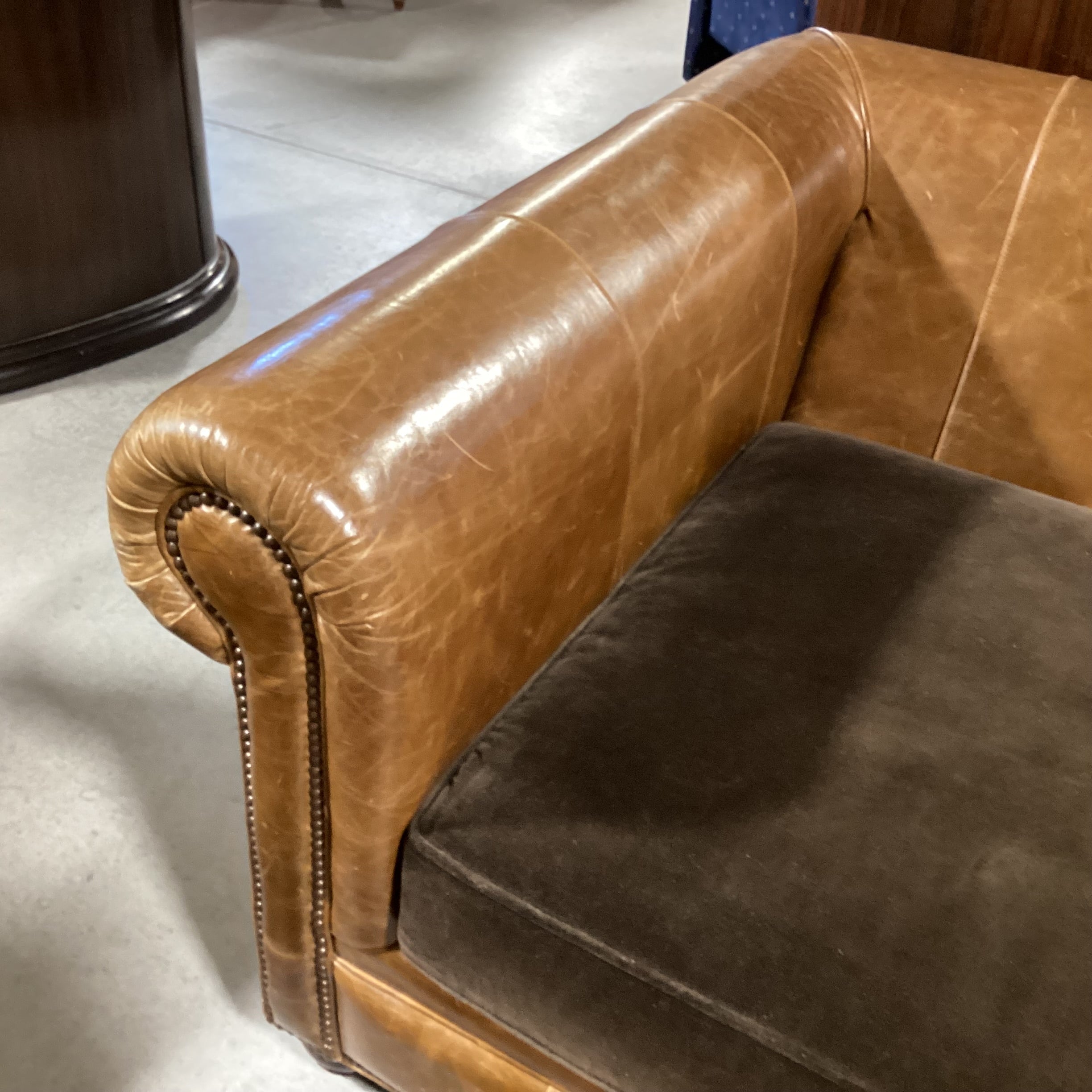 Leather Nail Head Roll Arm & Back with Brown Velvet Seat Cushions Sofa 94"x 46"x 30"
