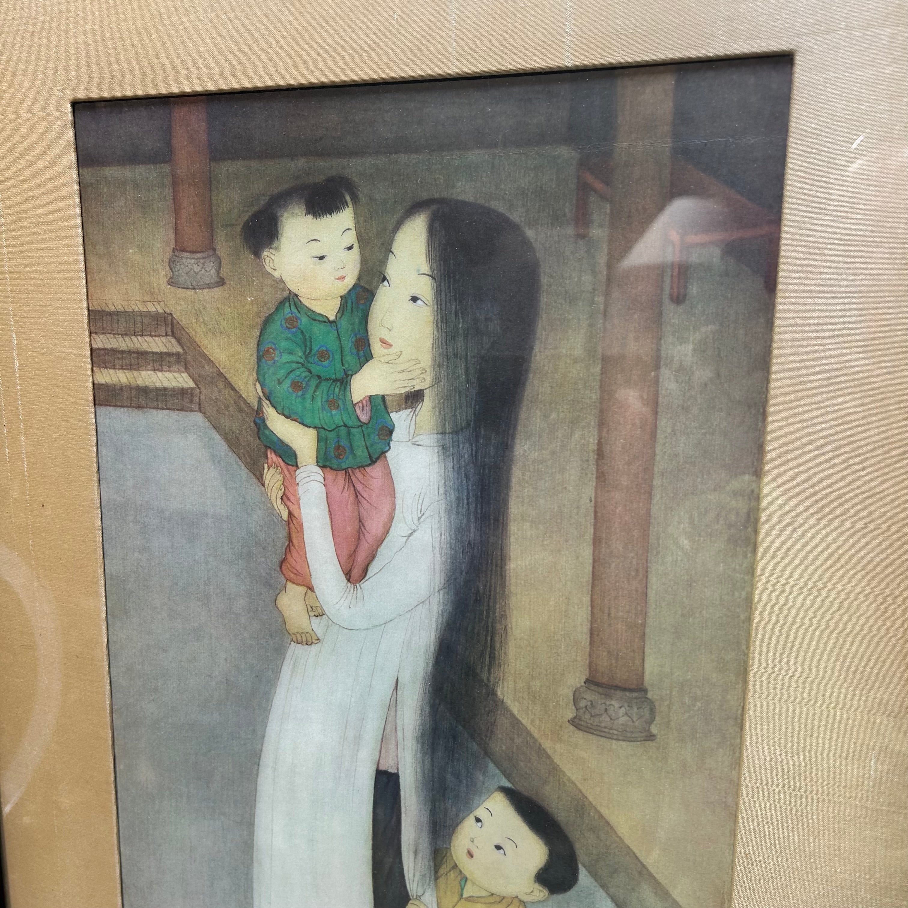 MAI THU (Vietnamese 1906-1980) "Mother & Child" Signed With Artist Chop Mark Engraving In Color 19"x31"