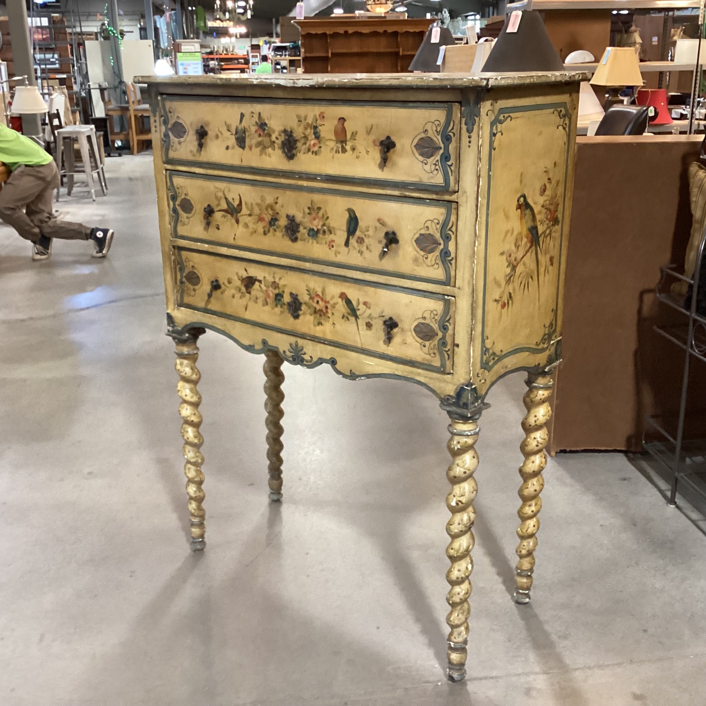 Antique Spindle Leg Hand Painted Bird & Floral 3 Drawer Chest 42"x 19"x 55"