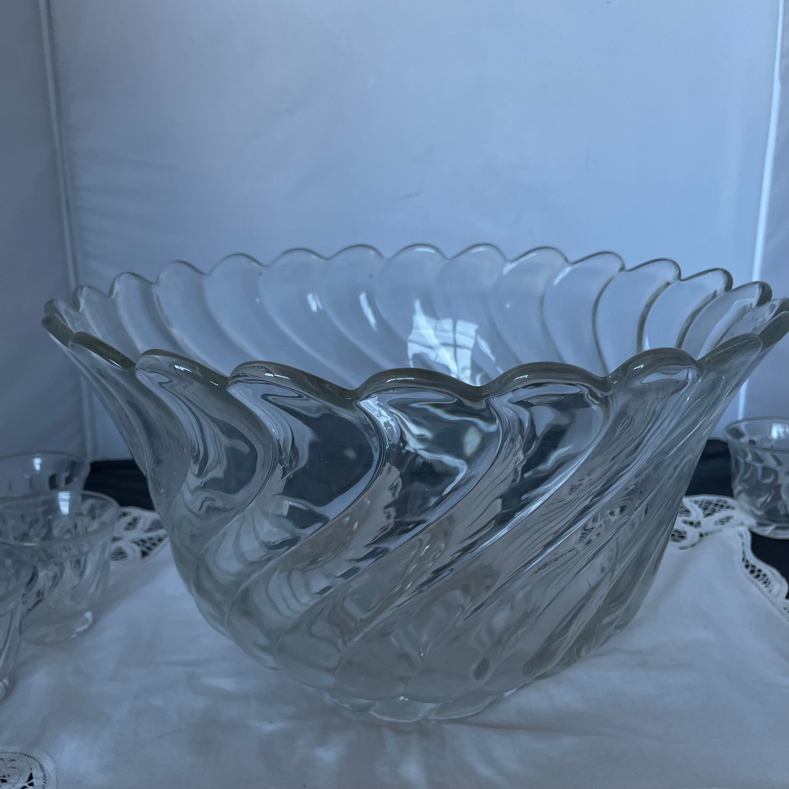Set of 11 Pieces Rare Fostoria Colony Crystal Footed Punch Bowl with 10 Cups