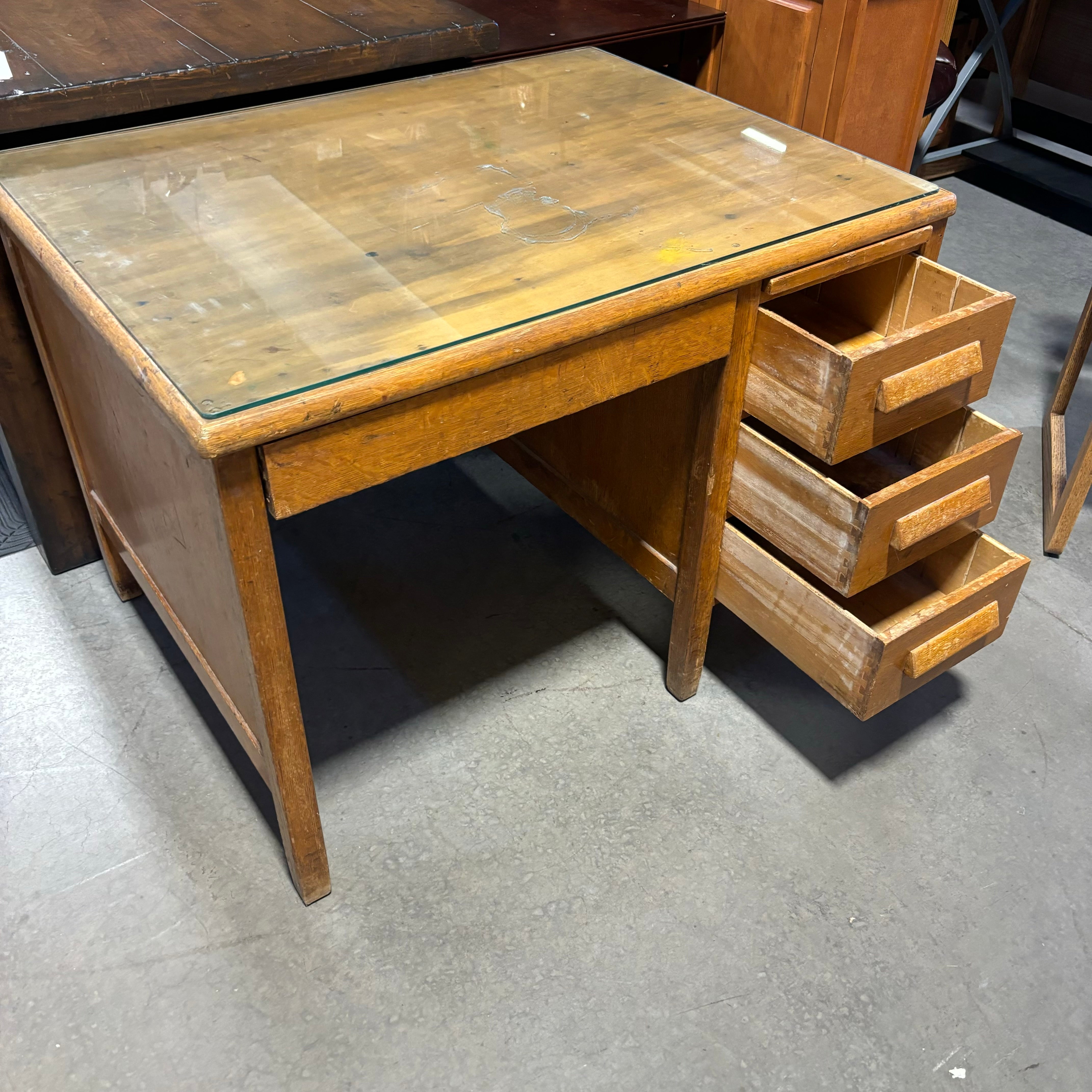 Antique Solid Tiger Oak 4 Drawer with Glass Top Desk 42”x 31”x 31”