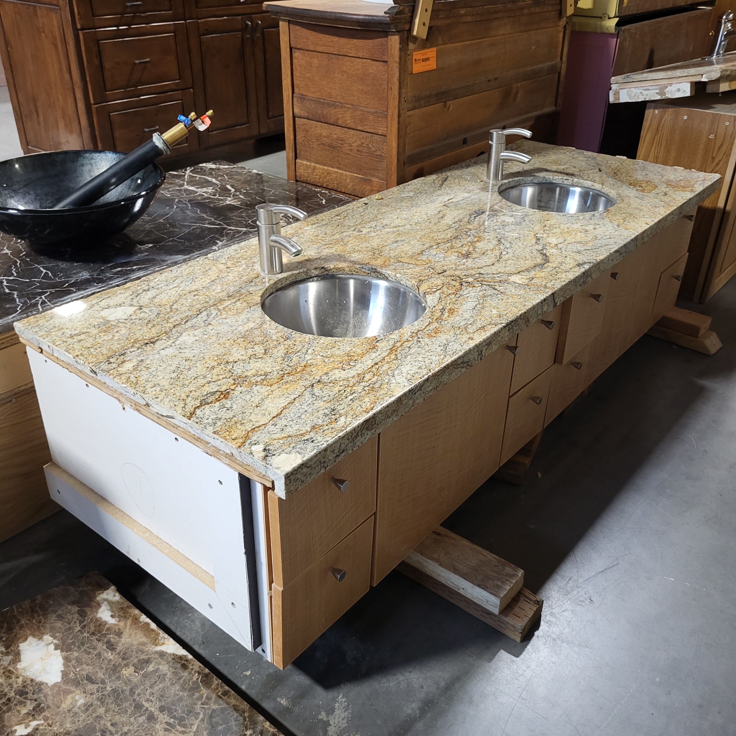 68.75"x 25"x 16.75" Juperrano Granite Top Double Stainless Steel Sinks 8 Drawers 2 Doors Wall Mount