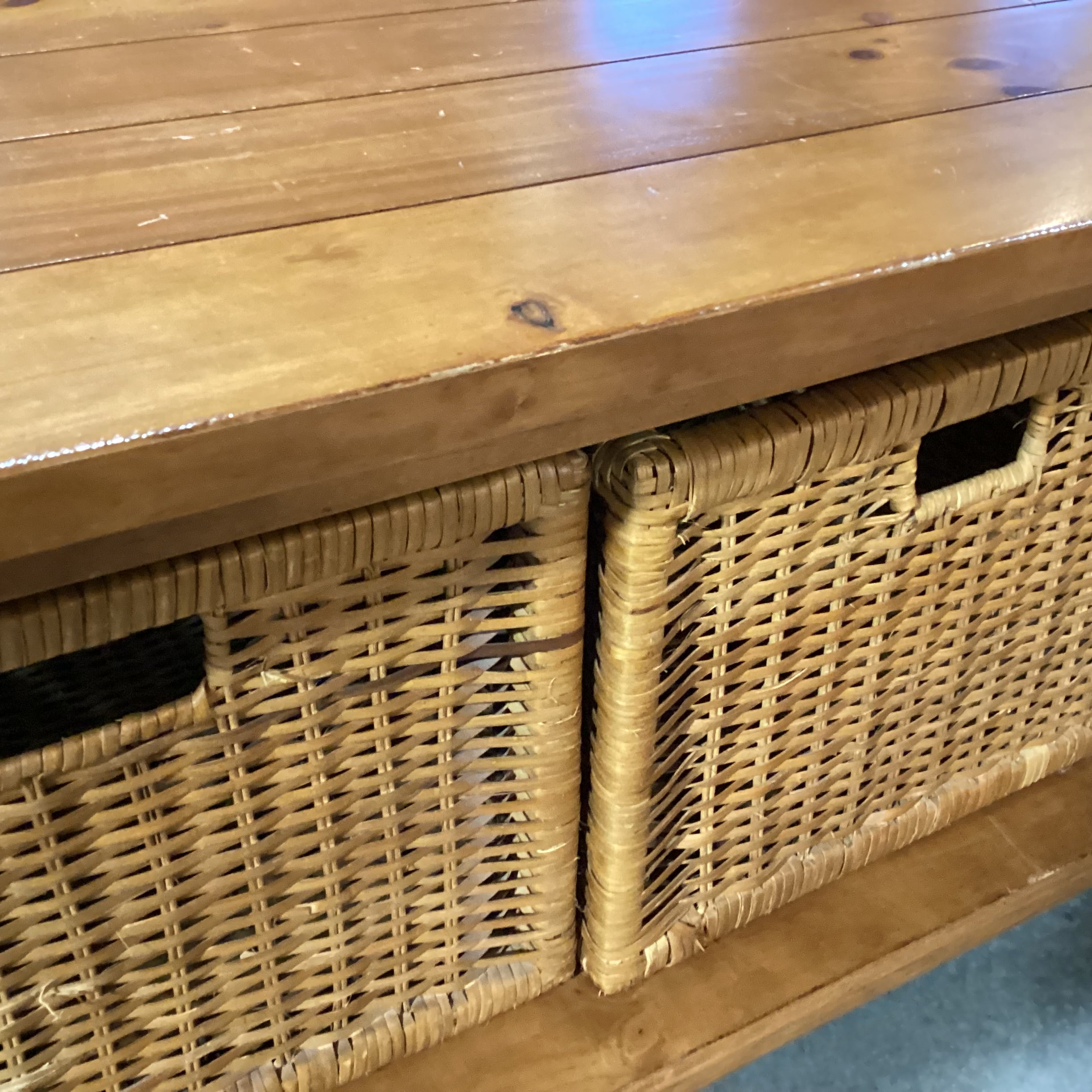 Finished Plank Wood & 3 Double Sided Basket Drawers Coffee Table 50"x 27"x 18.5"