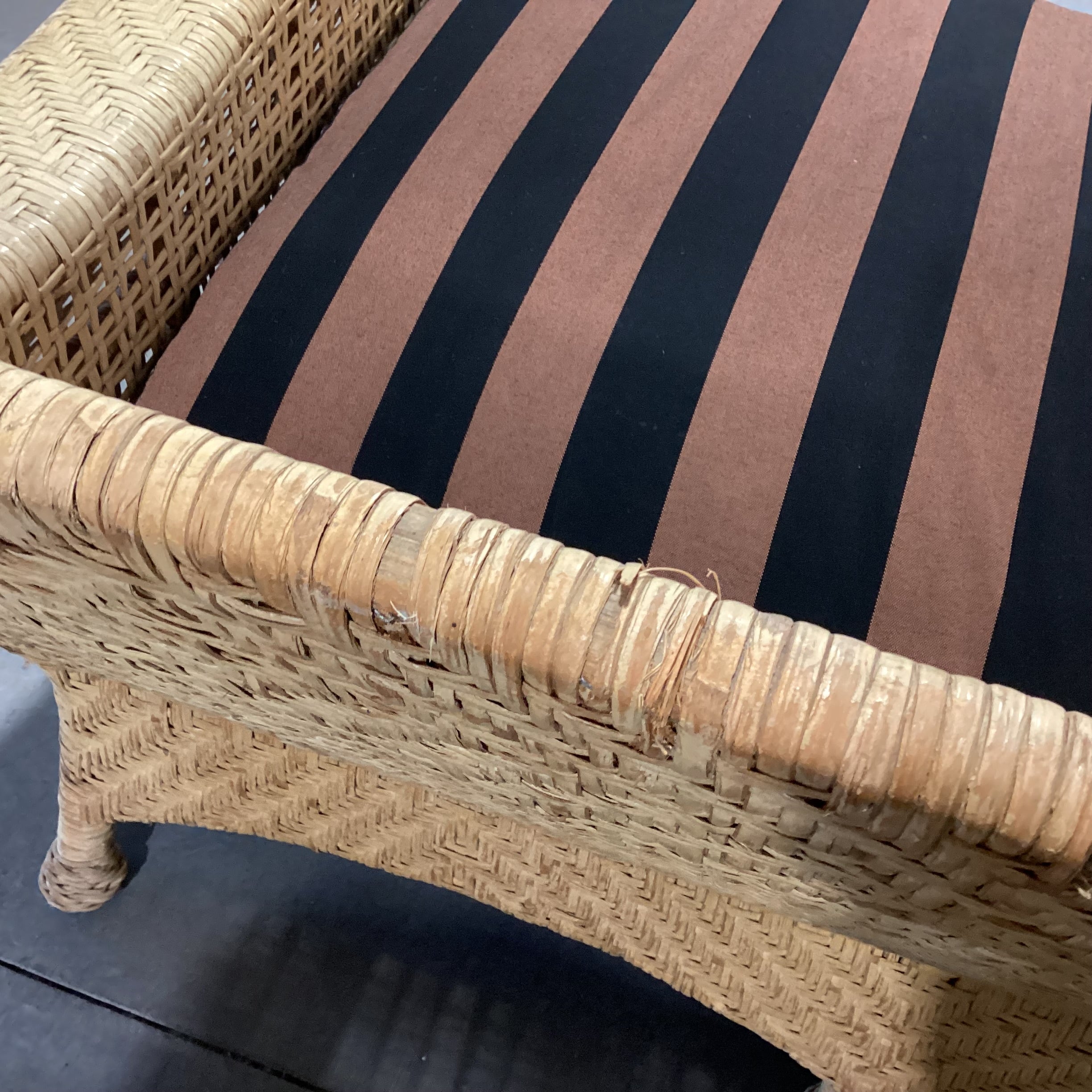 Rattan Wicker & Black & Brown Stripe Down Cushion Sofa 85"x 44"x 33"