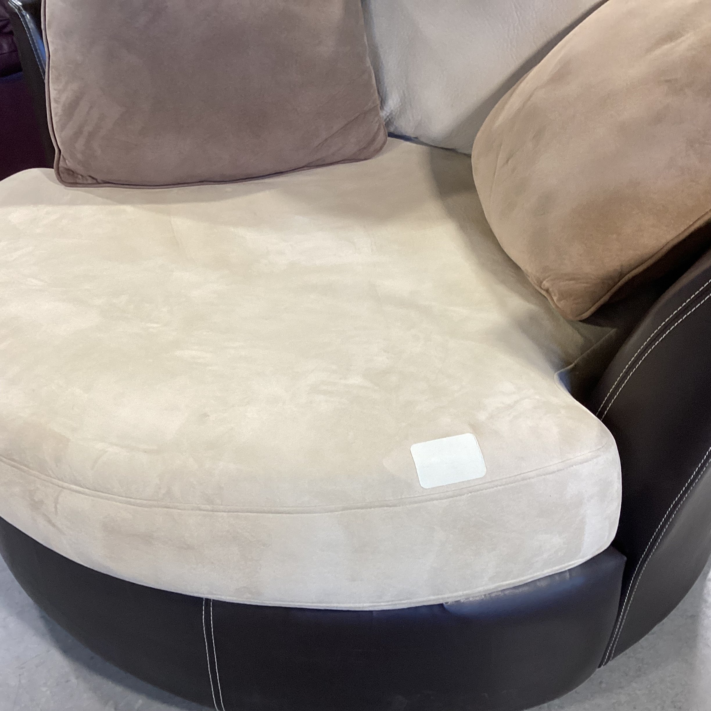 Beige Brown Micro Suede & Dark Brown Faux Leather Swivel Cuddle Chair 58"x 56"x 29"