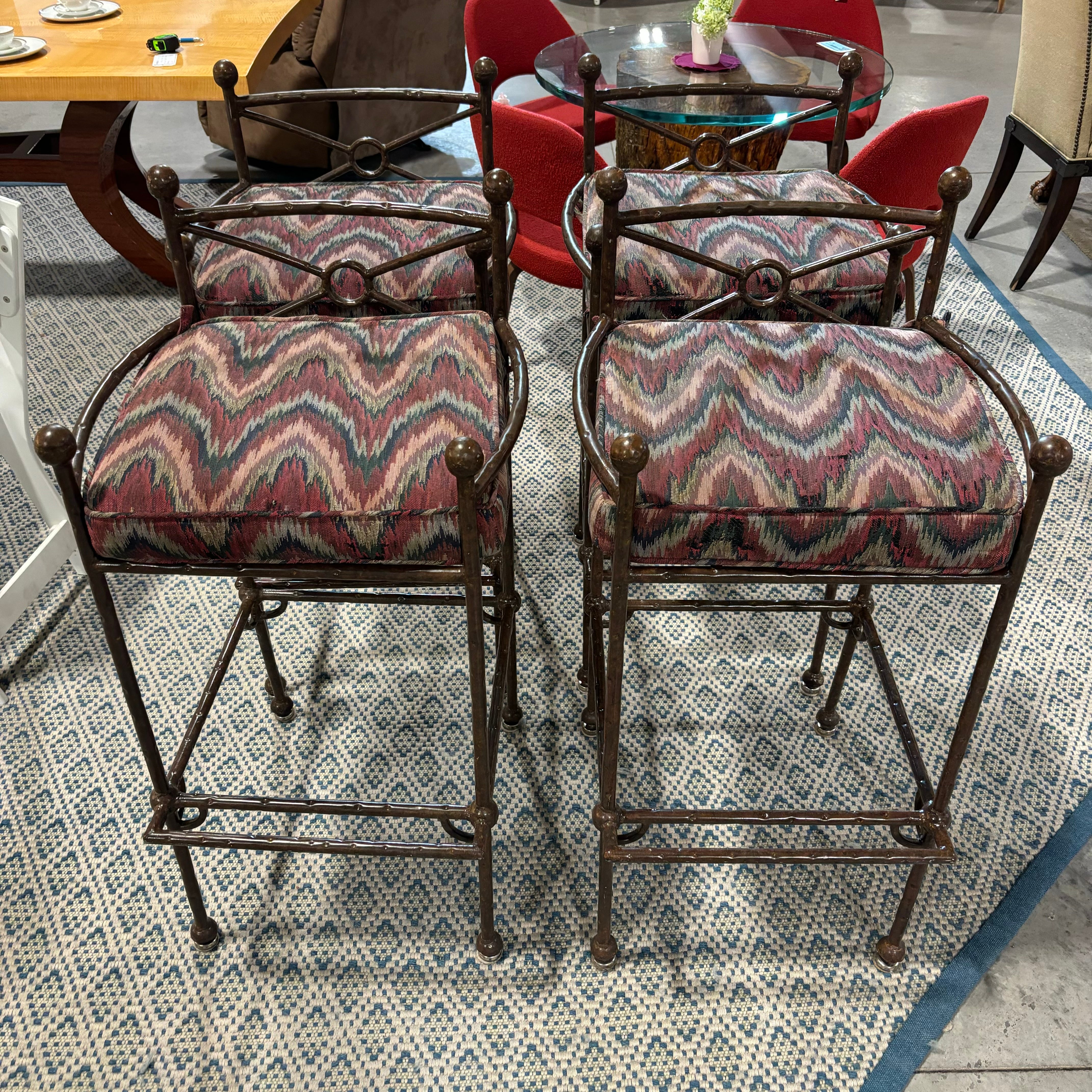 SET of 4 Rustic Metal with Multi Color Cloth Seat Barstools 33"