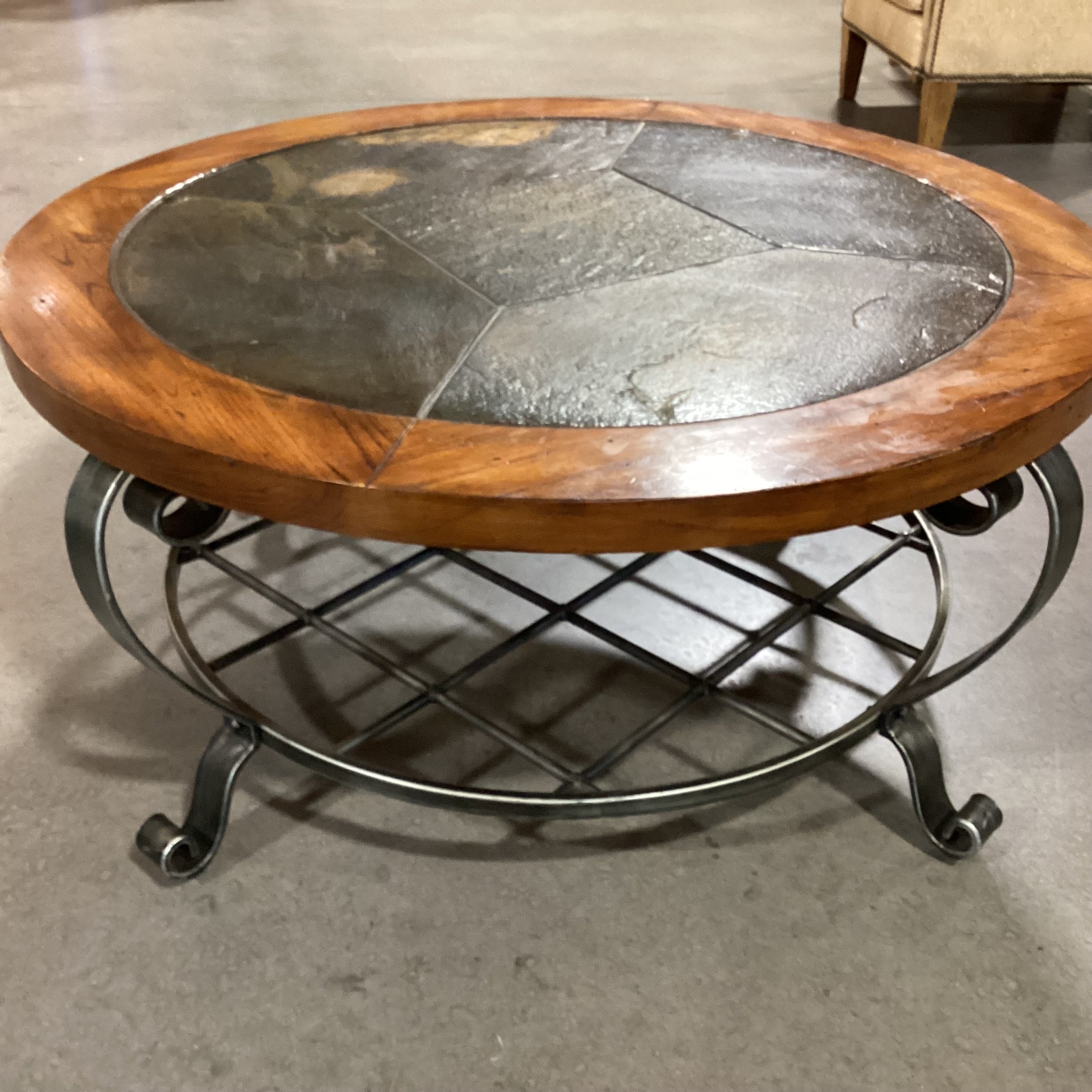 Round Wood Inset Slate Tile & Ornate Metal Base Coffee Table 42" Diameter x 20"