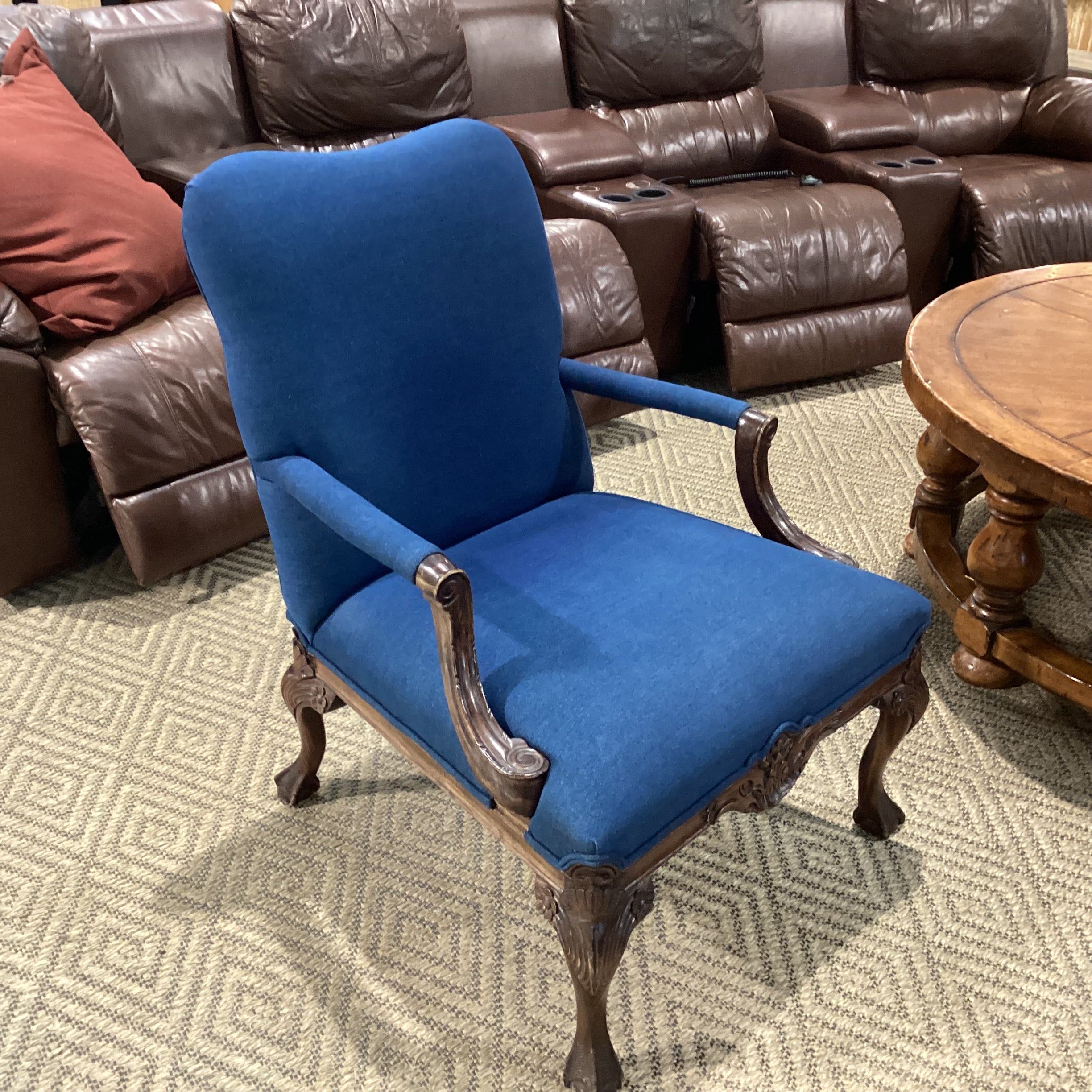 Antique Carved Wood Claw & Ball Foot & Denim Upholstered Chair 29"x 32"x 38"