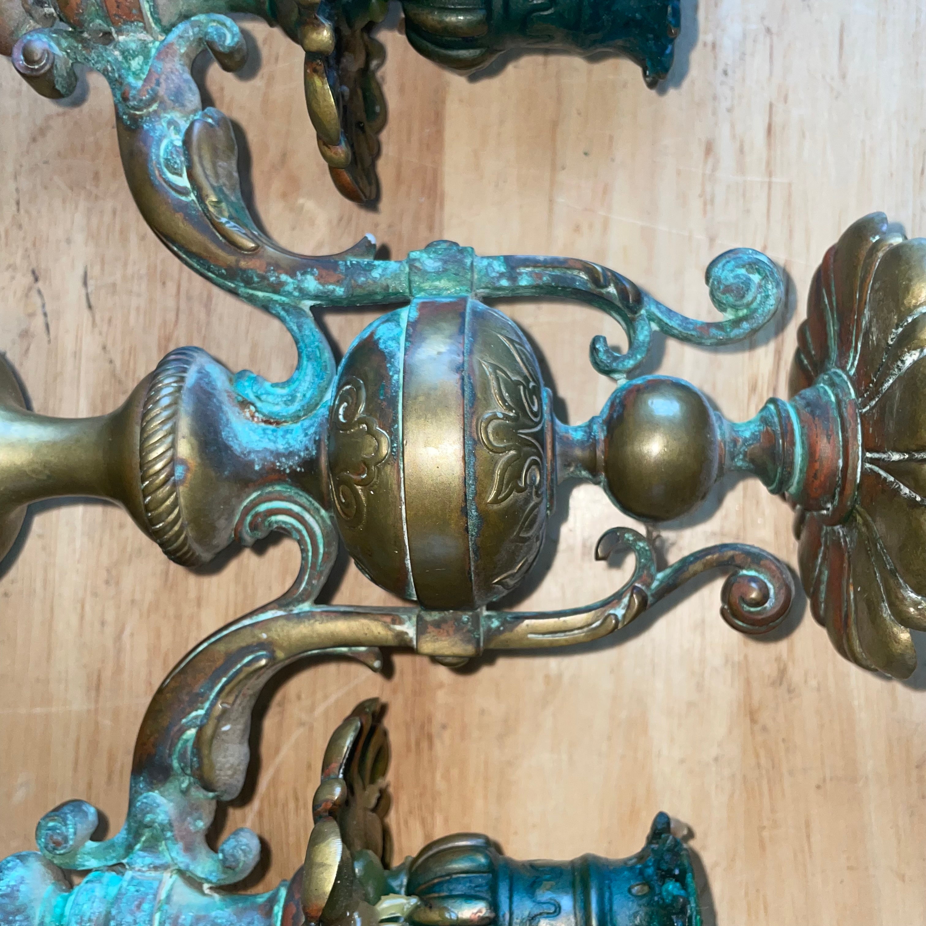 Antique French Empire Style Elaborate Brass/Bronze Candelabras, Pair, 10.25"x 4.25"x 15"