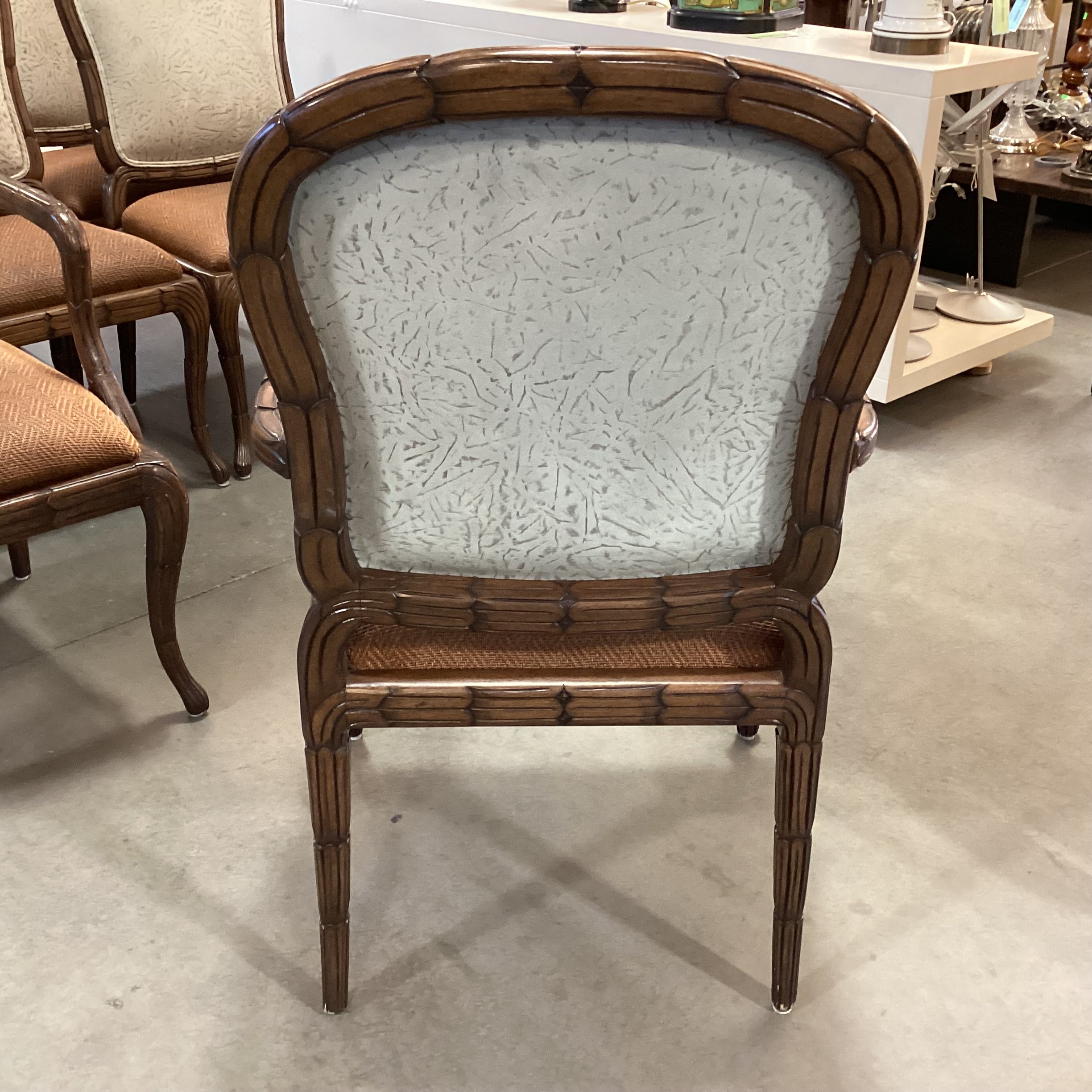 SET of 8 Ornate Carved Wood with Leather  Woven Seat & Suede Back Dining Chairs 24"x 22"x 40"