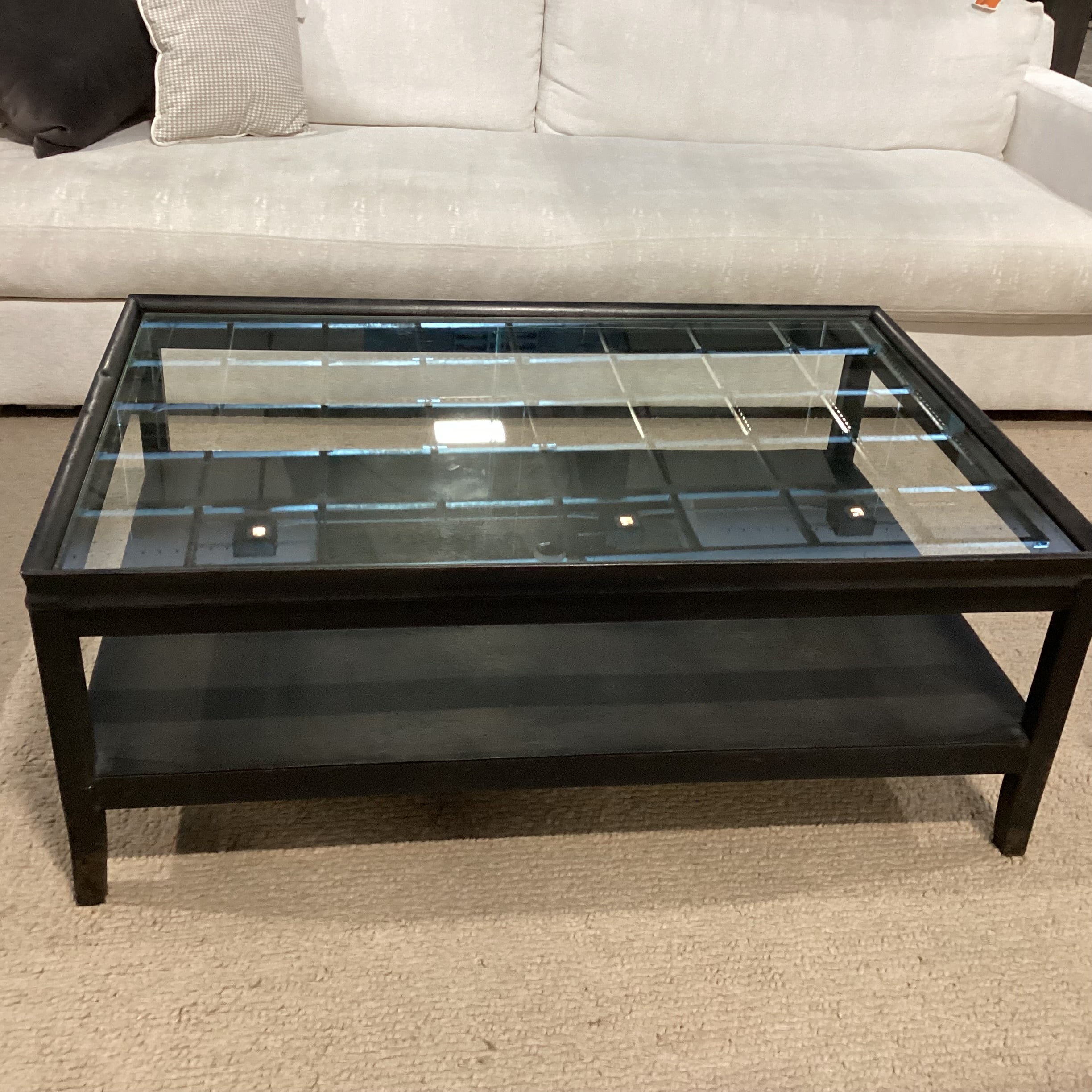 Industrial Modern Black Textured Iron & Glass 2 Tiered Coffee Table 48"x 32"x 18.5"