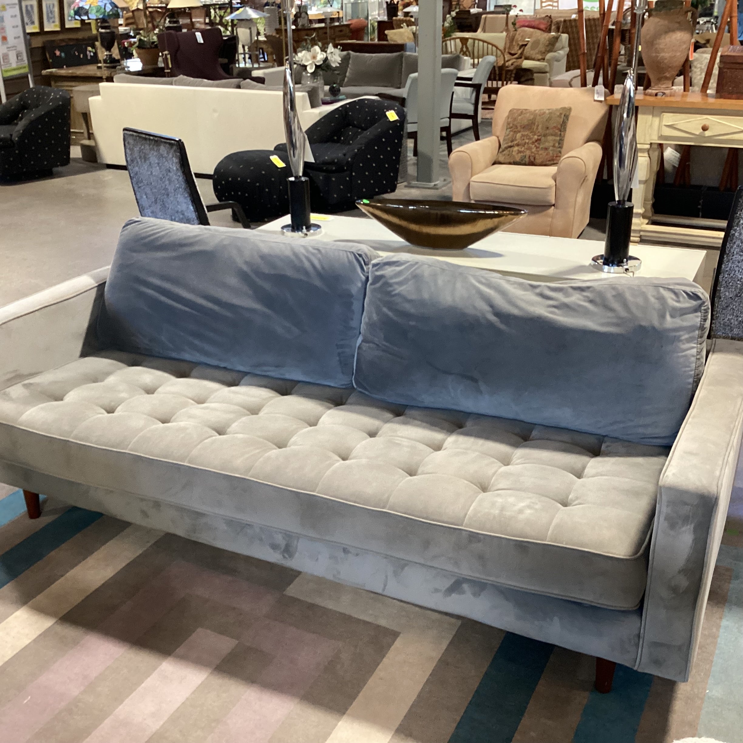 Grey Plush Velveteen Tufted Seat Sofa 87"x 37"x 26"