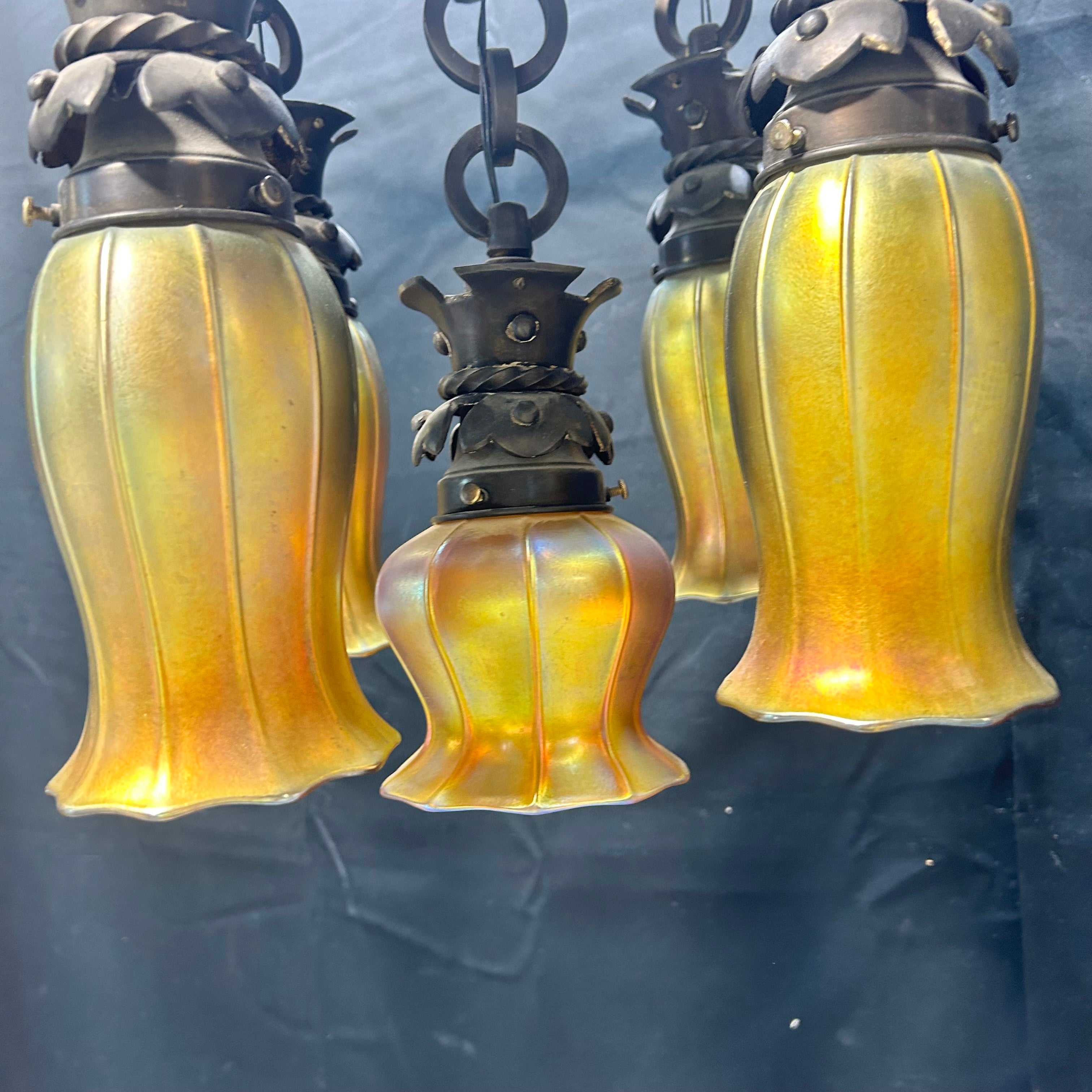 Caldwell Lighting Circa 1905 Cast Iron With 4 Steuben & 1 Quezal Iridescent Glass Shades Flush Mount 15"x 12.5"ades