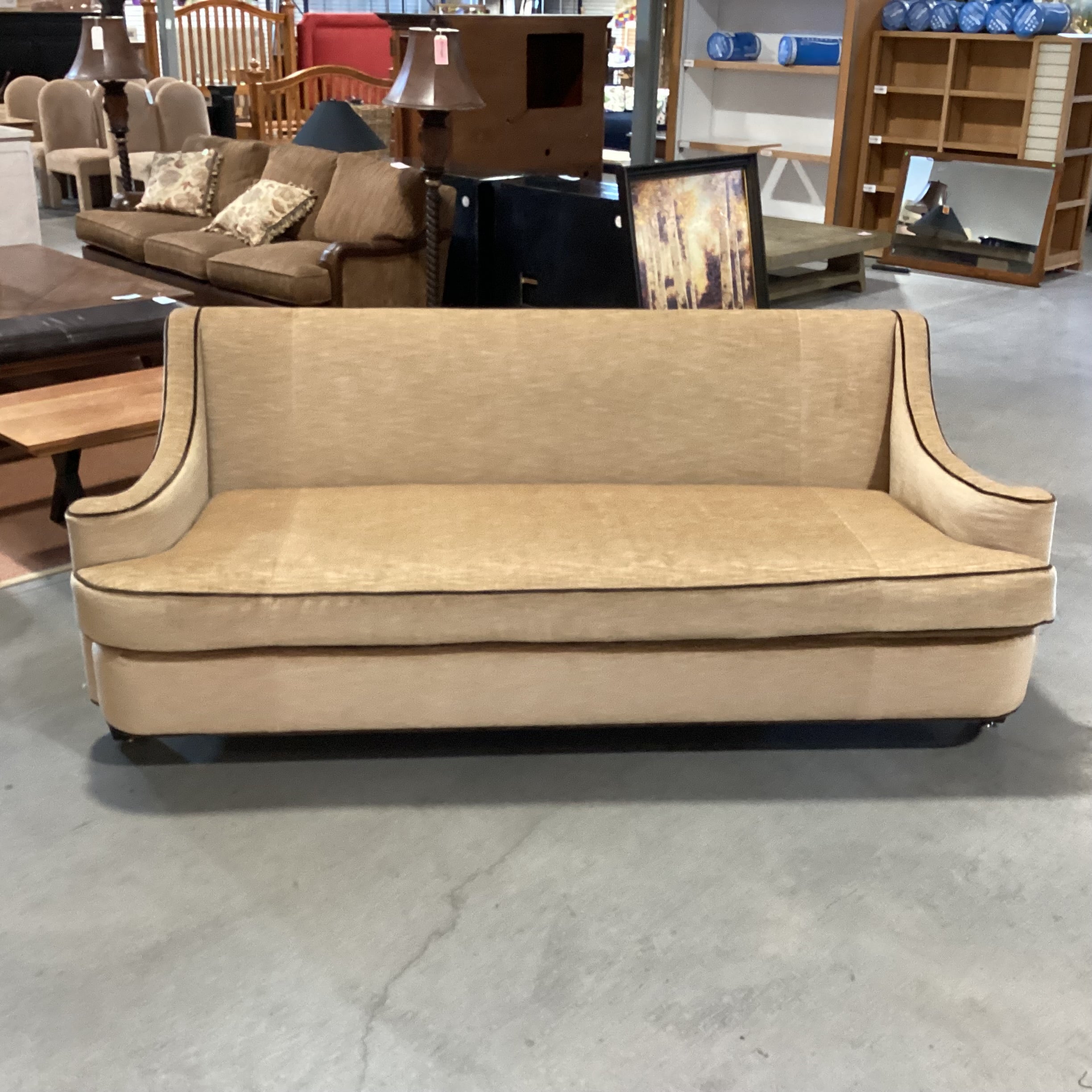 Golden Textured Velvet with Brown Velvet Piping Slope Roll Arm Custom Sofa 92.5"x 40"x 36"