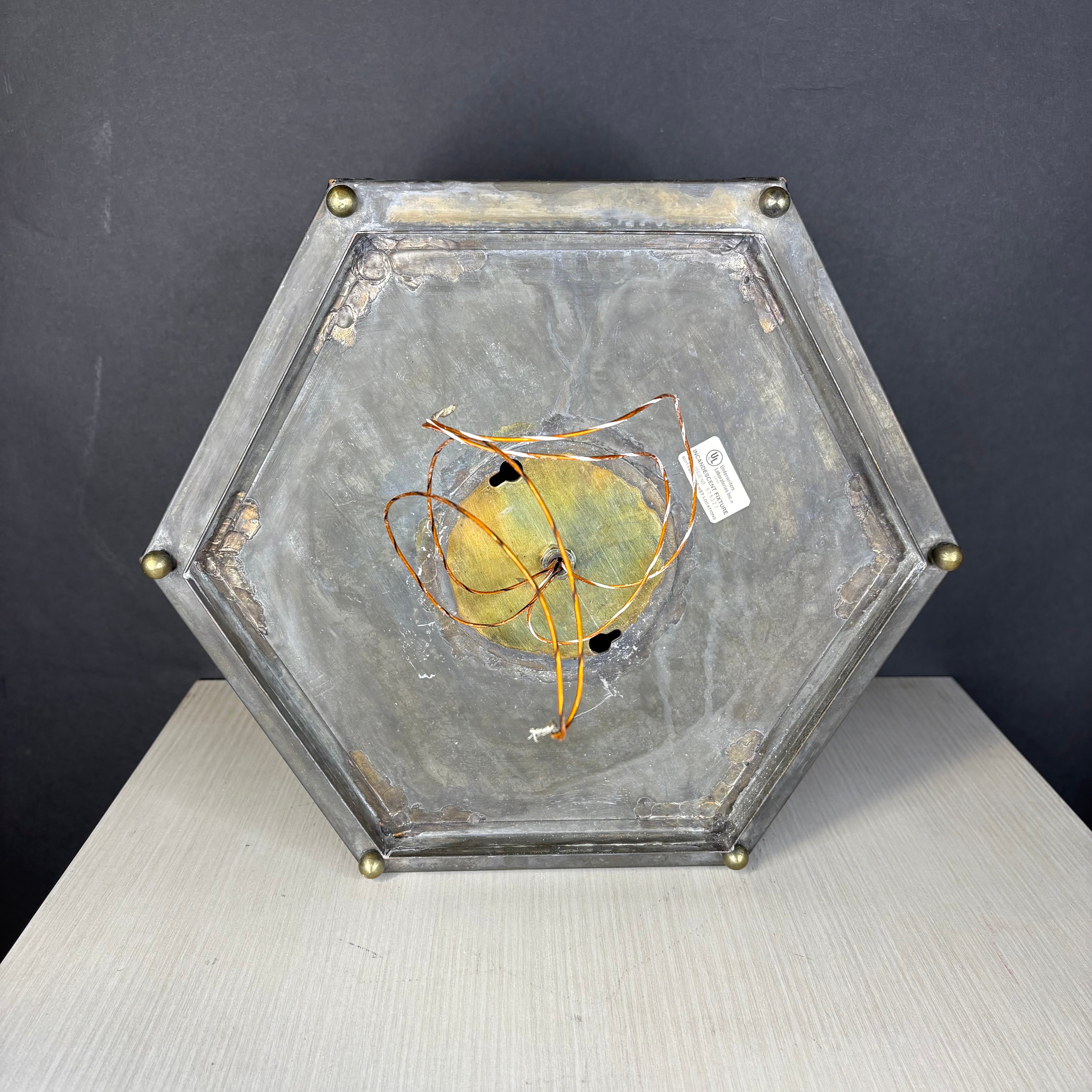 Mission Hill 2-Light Hexagonal Gunsmoke Metal and Brass Flush Mount Ceiling Pendant 14” Diameter x 6”