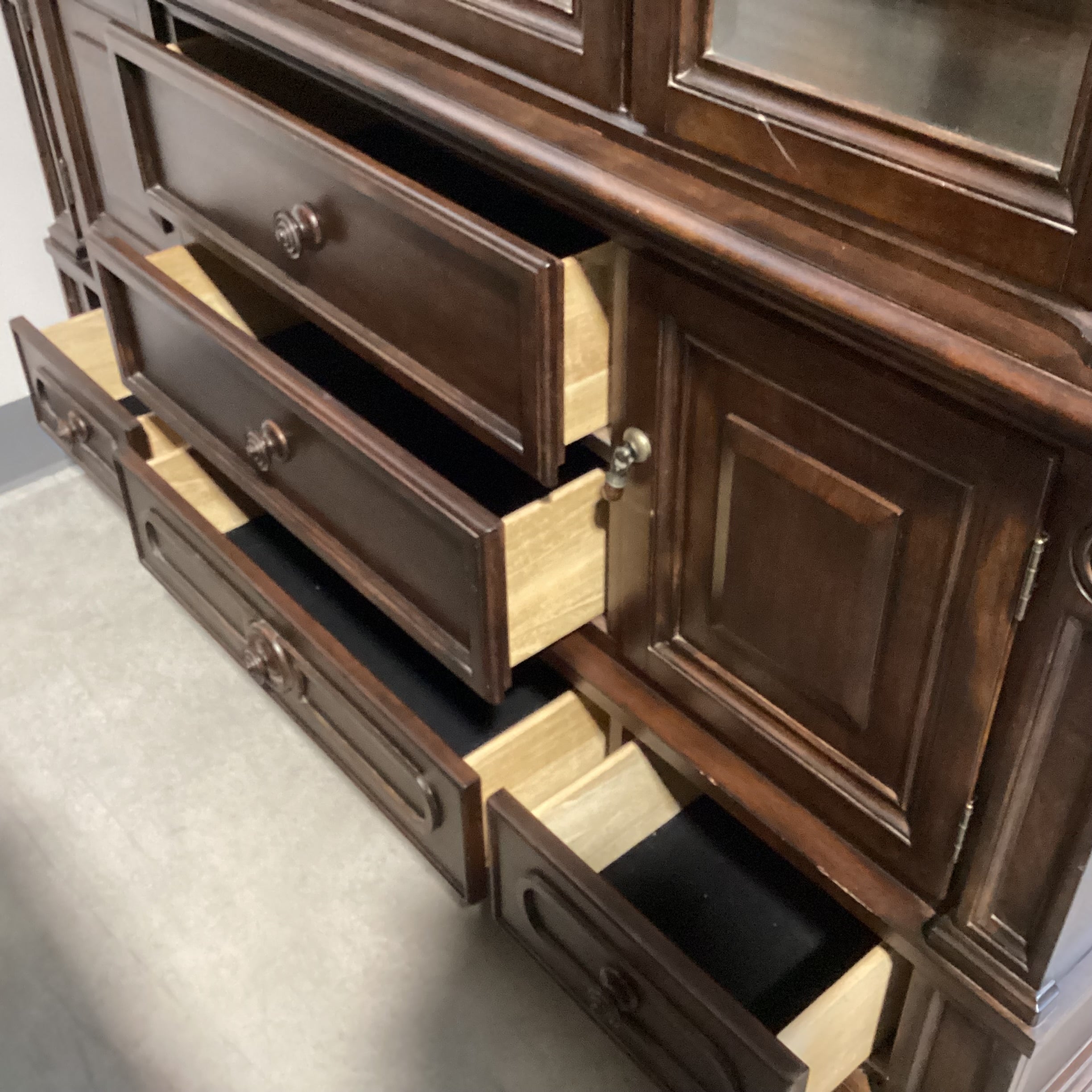 Dark Finish Wood & Glass 5 Drawer 4 Door 2 Piece China Hutch 69"x 18"x 88"