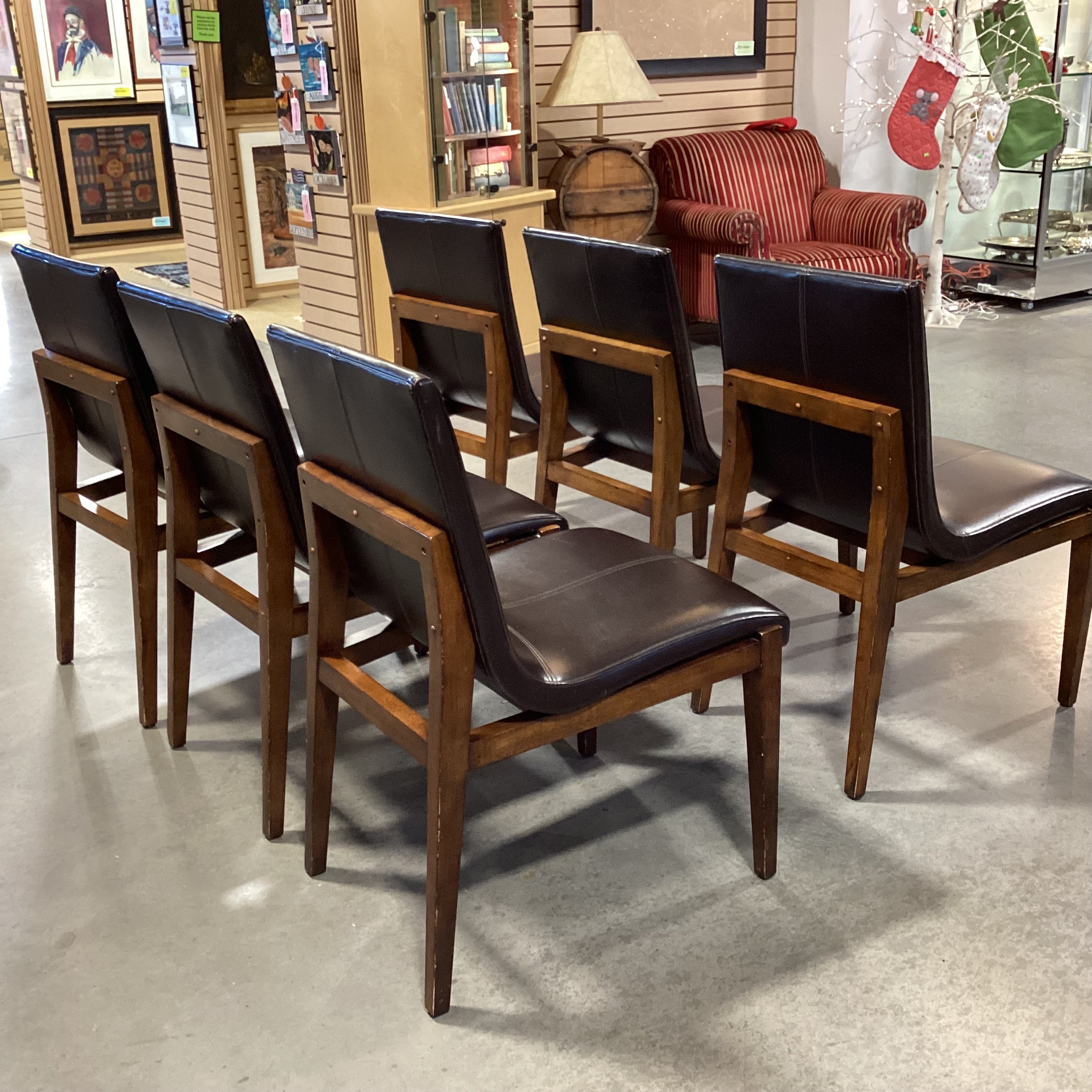 SET of 6 Brownstone Mid Century Style Chocolate Leather & Wood Dining Chairs 21"x 25"x 37"