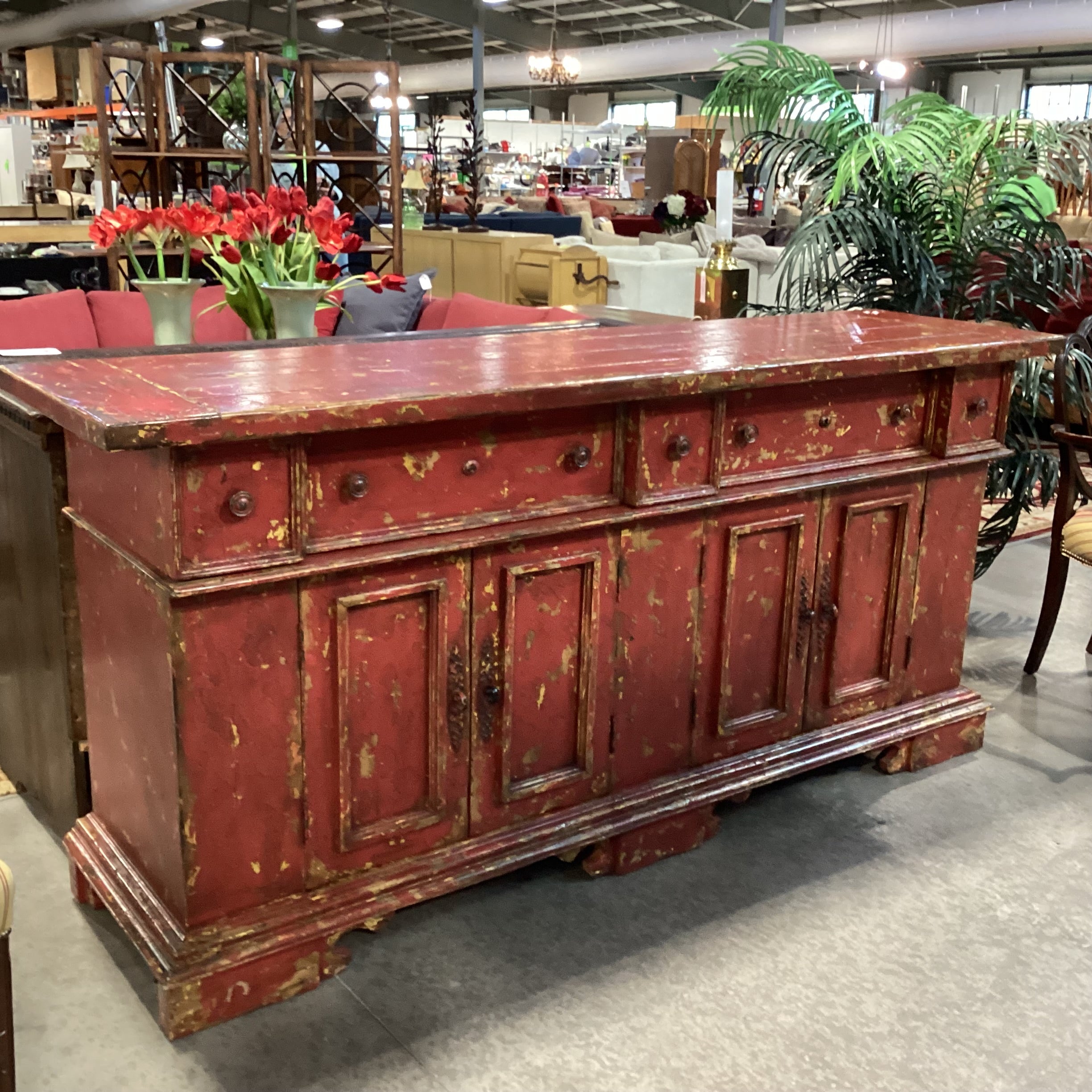 Red & Gold Textured Antiqued Finish Solid Wood 5 Drawer 4 Door Credenza 83"x 22"x 39"