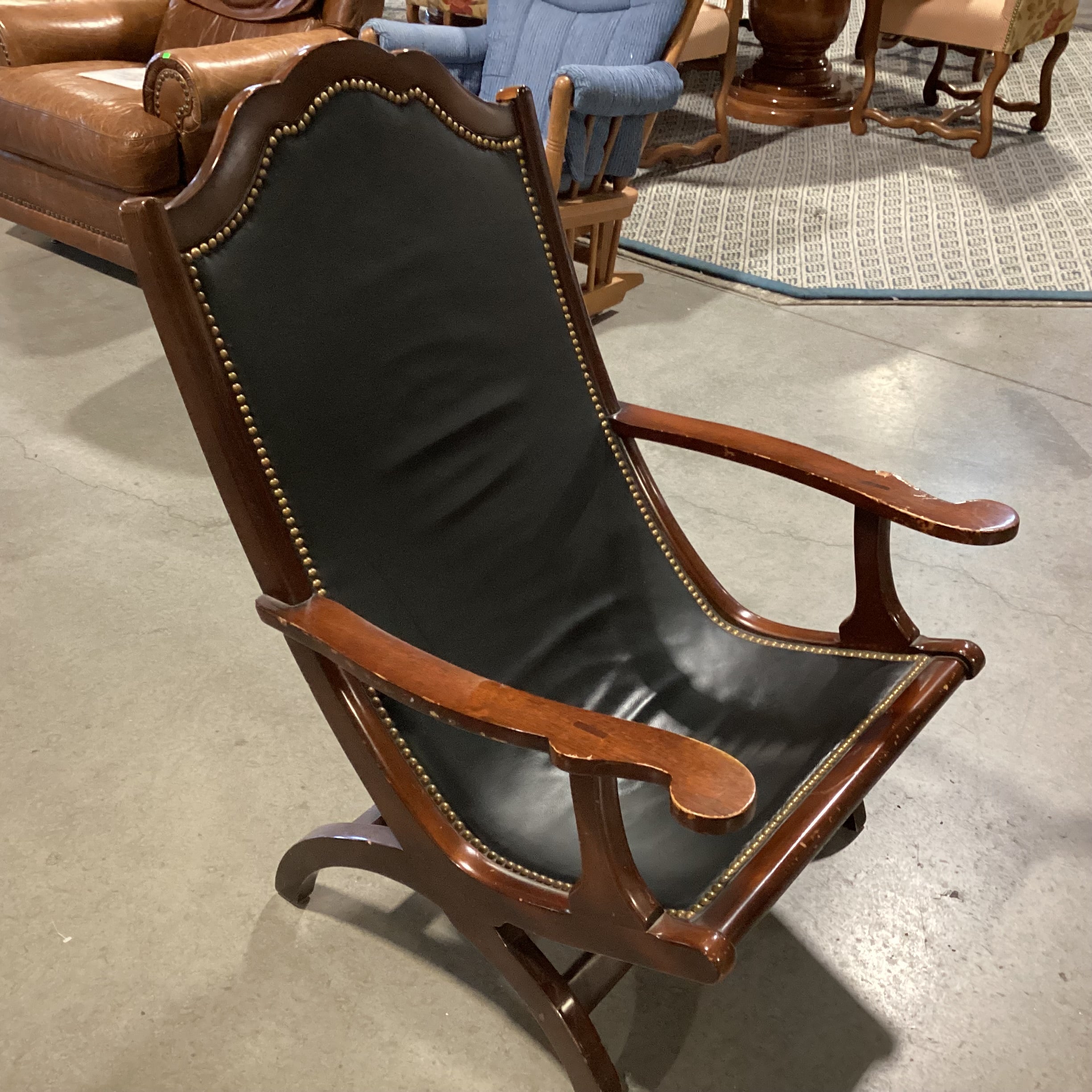 Black Leather Nailhead & Carved Wood Plantation Style Chair 27"x 30"x 40"