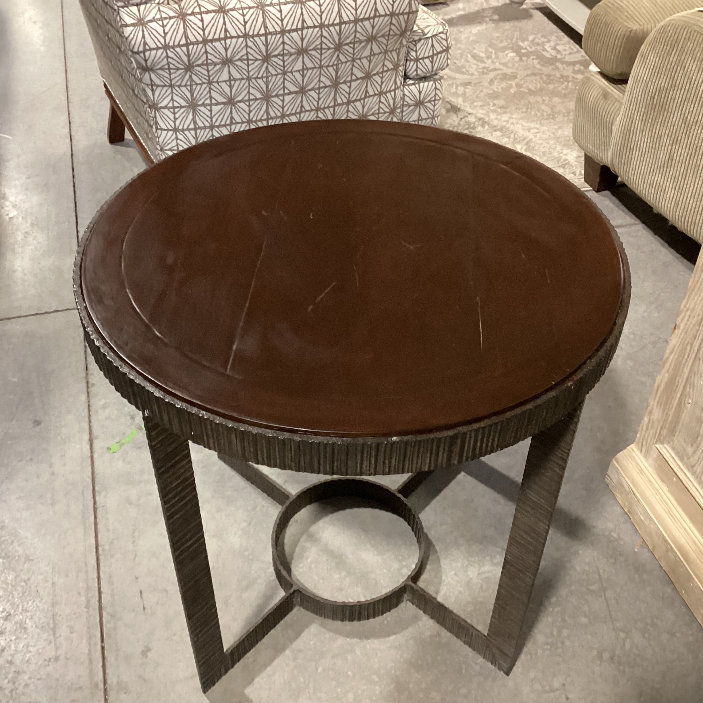 Round Wood & Texture Ribbed Iron Accent Table 28" Diameter x 28"