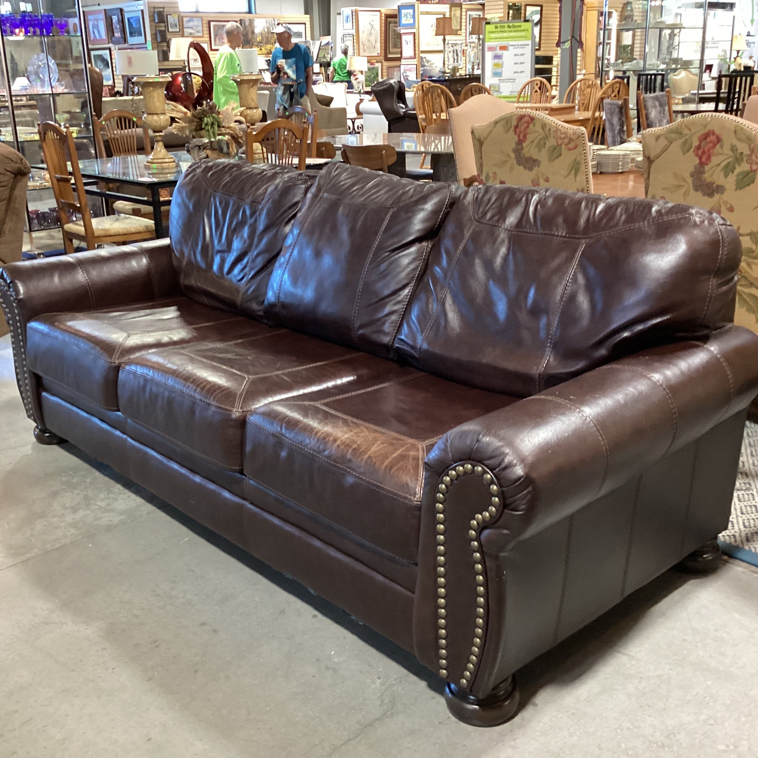Ashley Furniture Dark Brown Leather Nailhead Roll Arm Sofa 99"x 41"x 38"