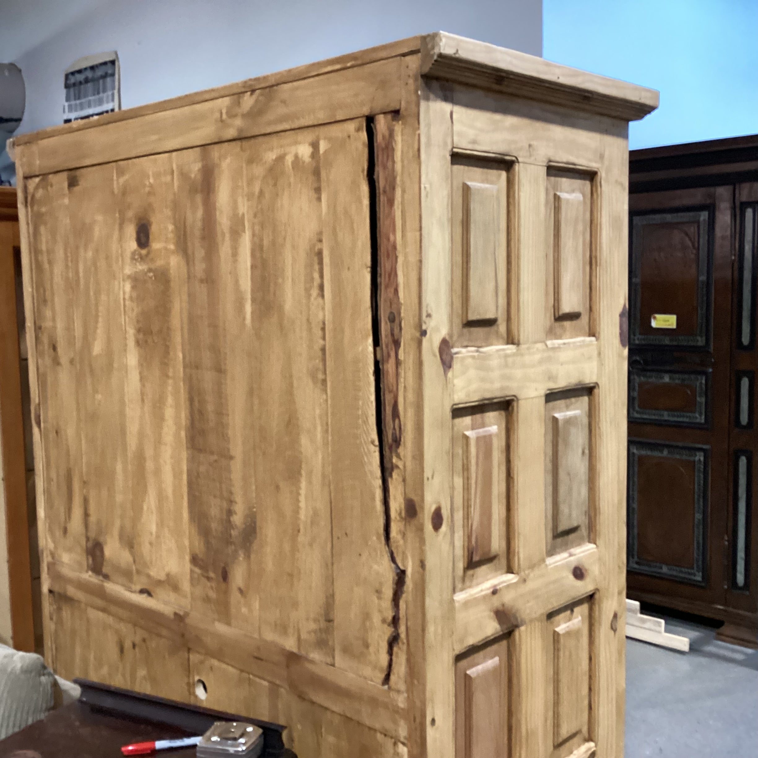 Rustic Carved Solid Natural Pine 2 Arched Door with Shelves & Bottom Drawer Armoire 52"x 26"x 80"